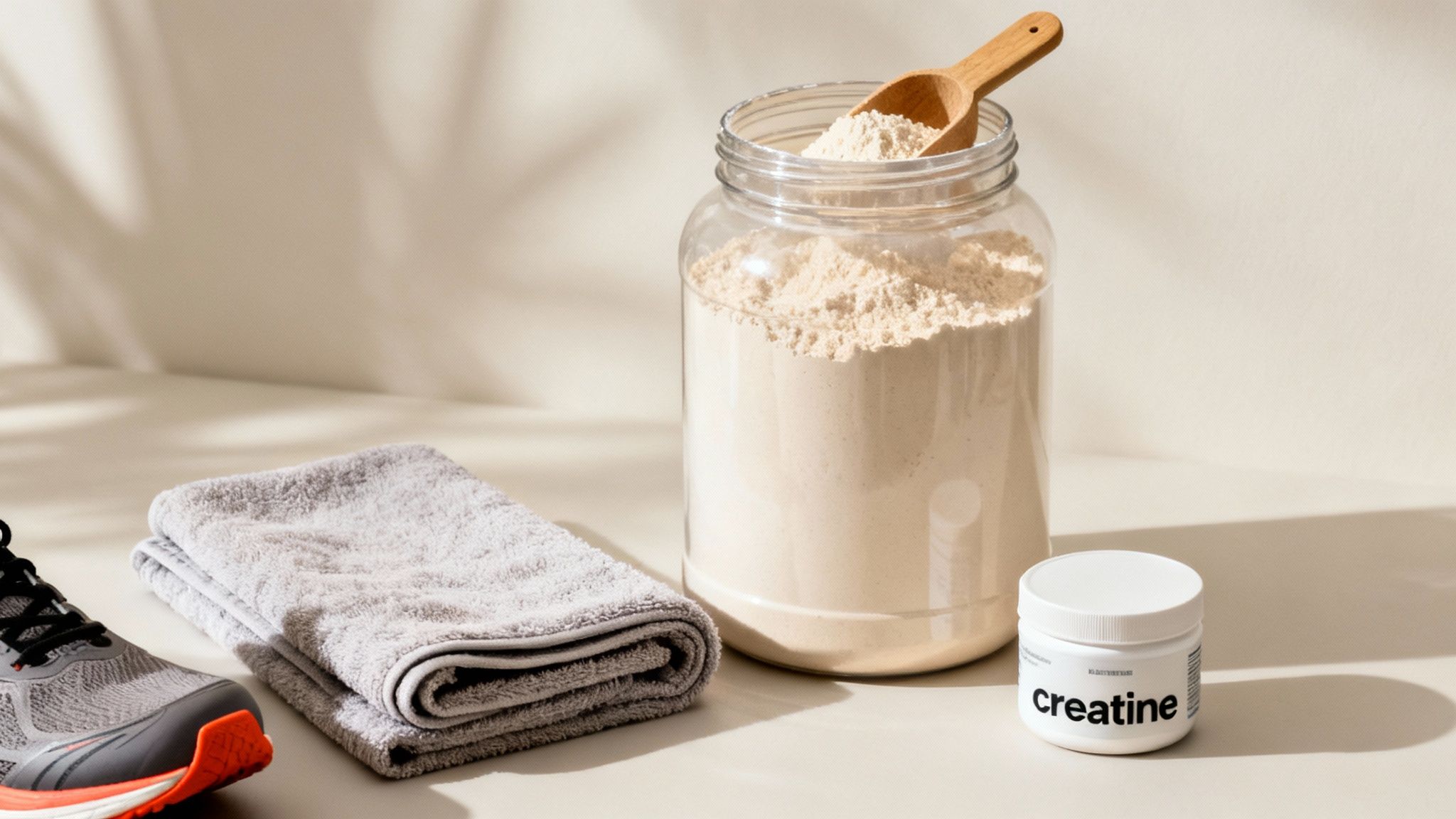 A large jar of protein powder with a scoop, creatine supplement, a towel, and a running shoe.