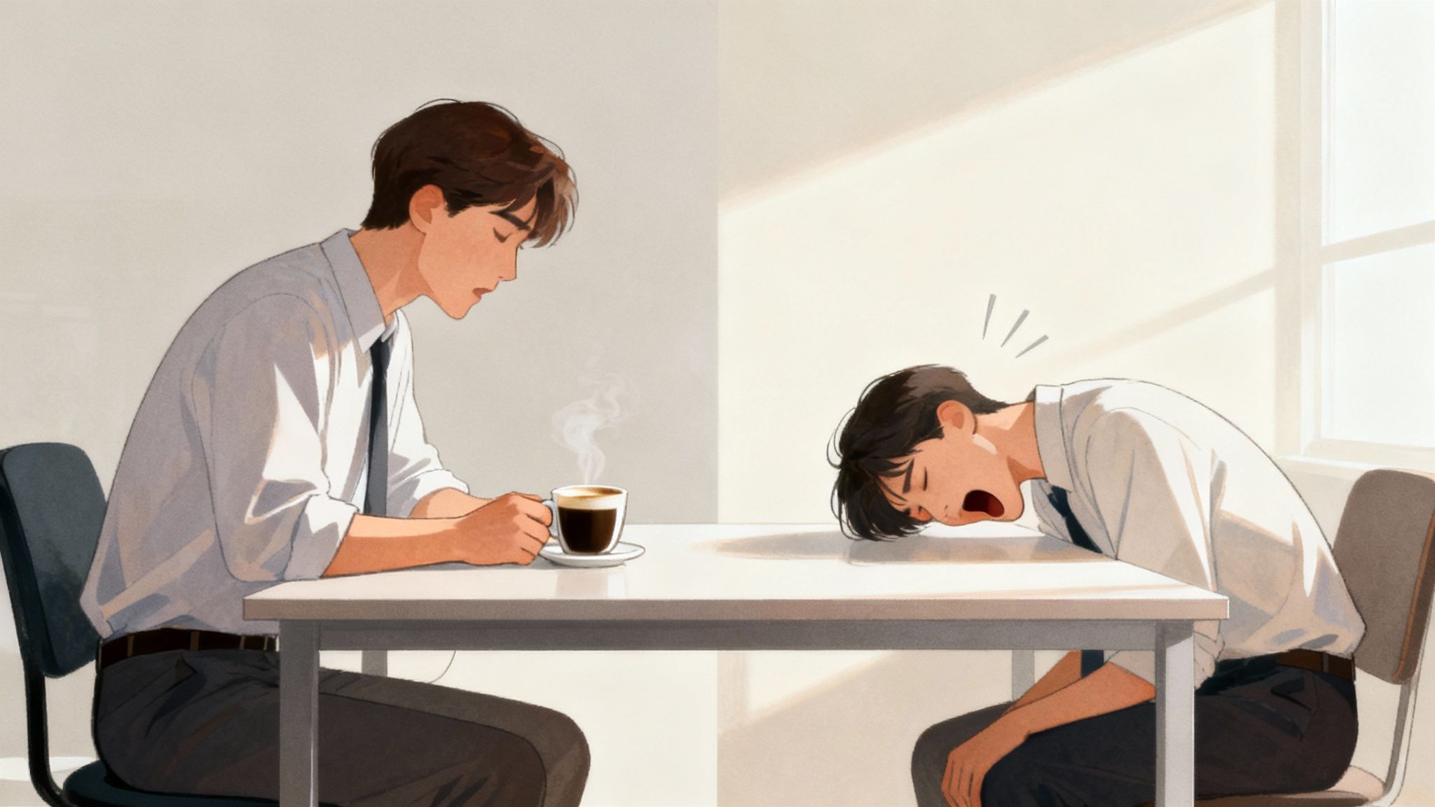 A person looking tiredly at a cup of coffee on their desk