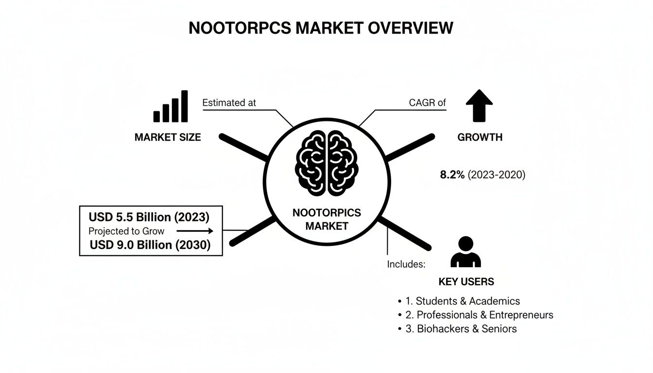 Nootropics market overview infographic showing market size, growth rate (8.2% CAGR), and key user demographics.
