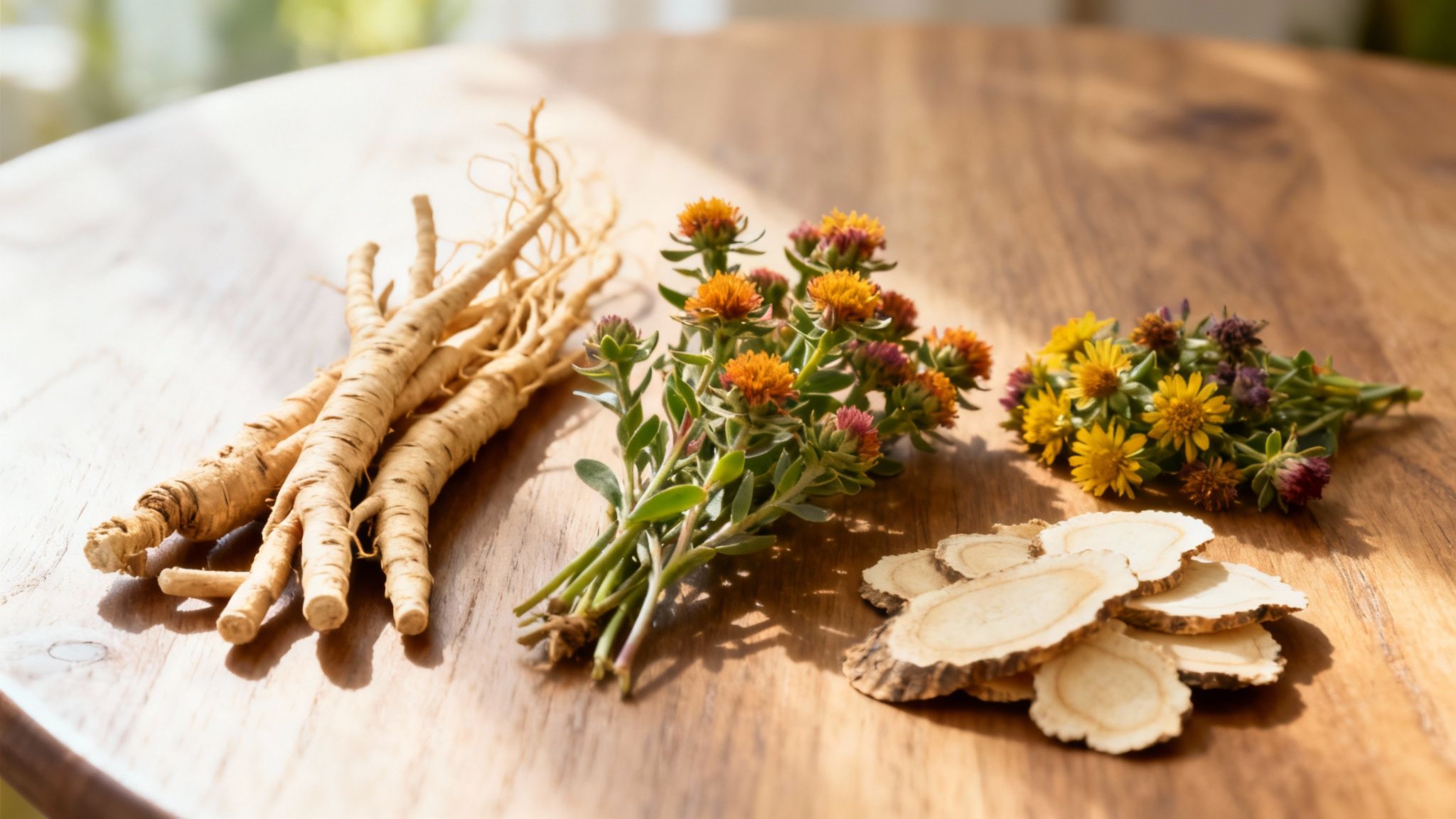 A collection of dried adaptogenic herbs like Ashwagandha and Rhodiola Rosea in small bowls