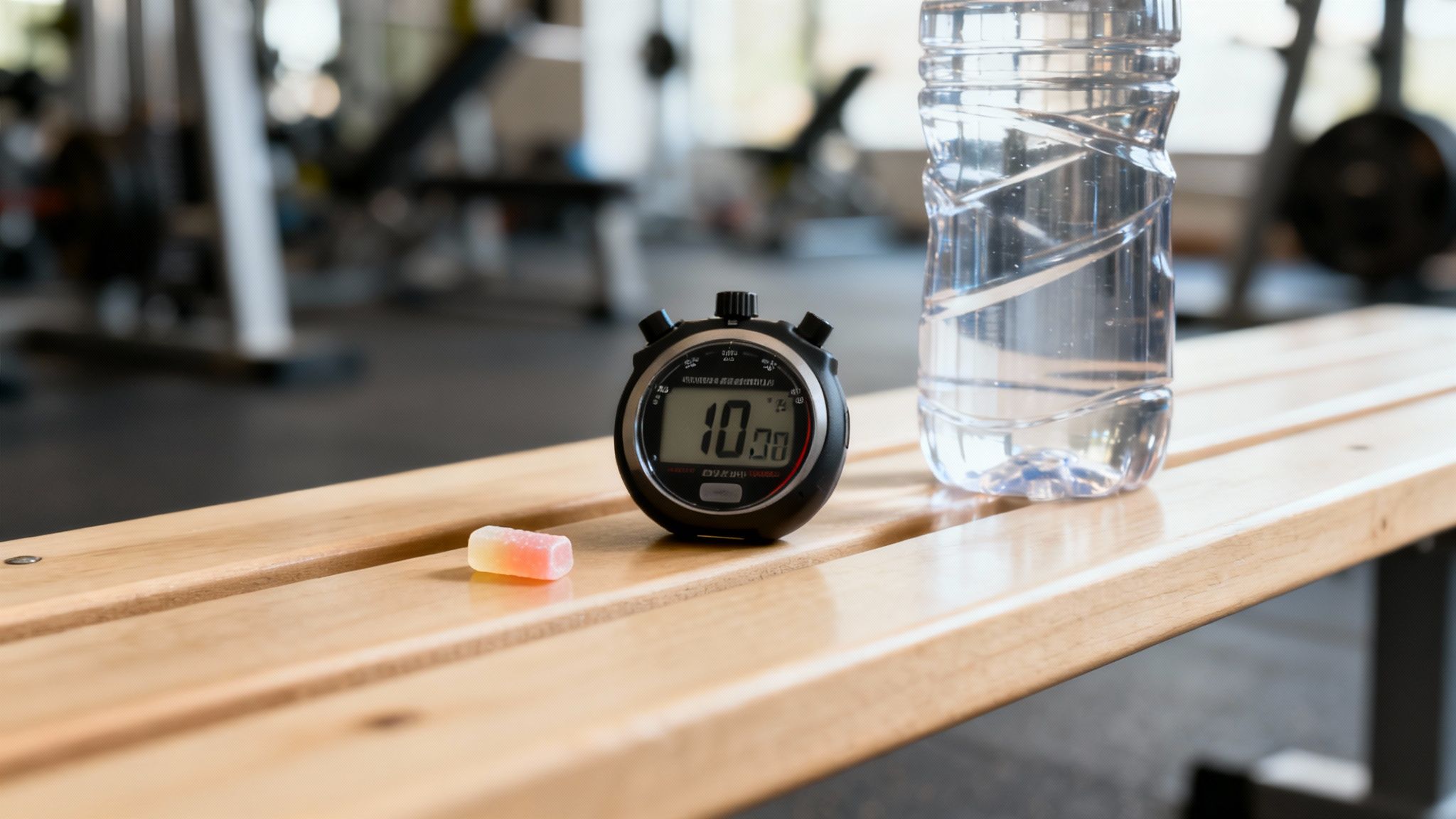 A person chewing gum while preparing for a run
