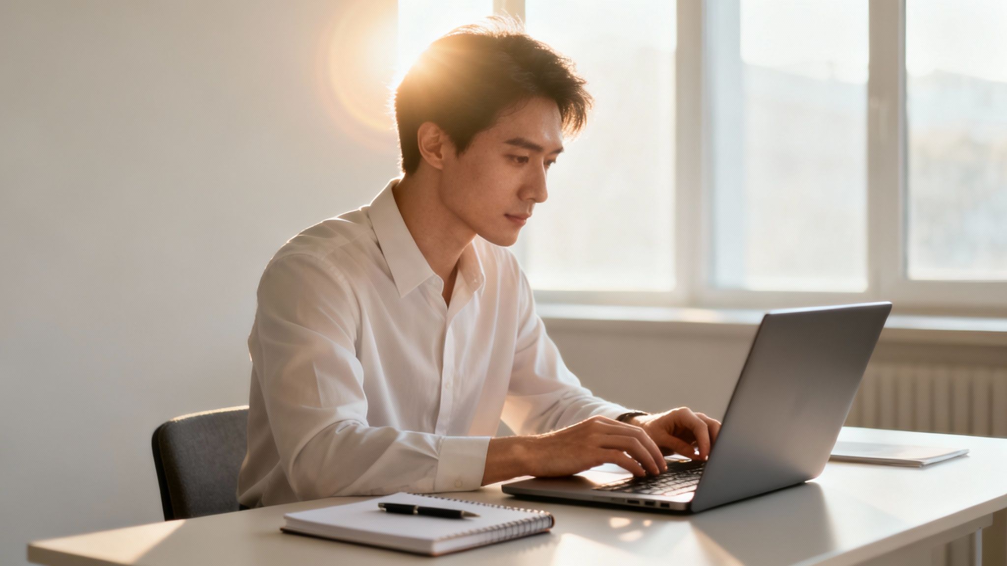 A focused young Asian man typing on a laptop at a bright desk with sunlight.