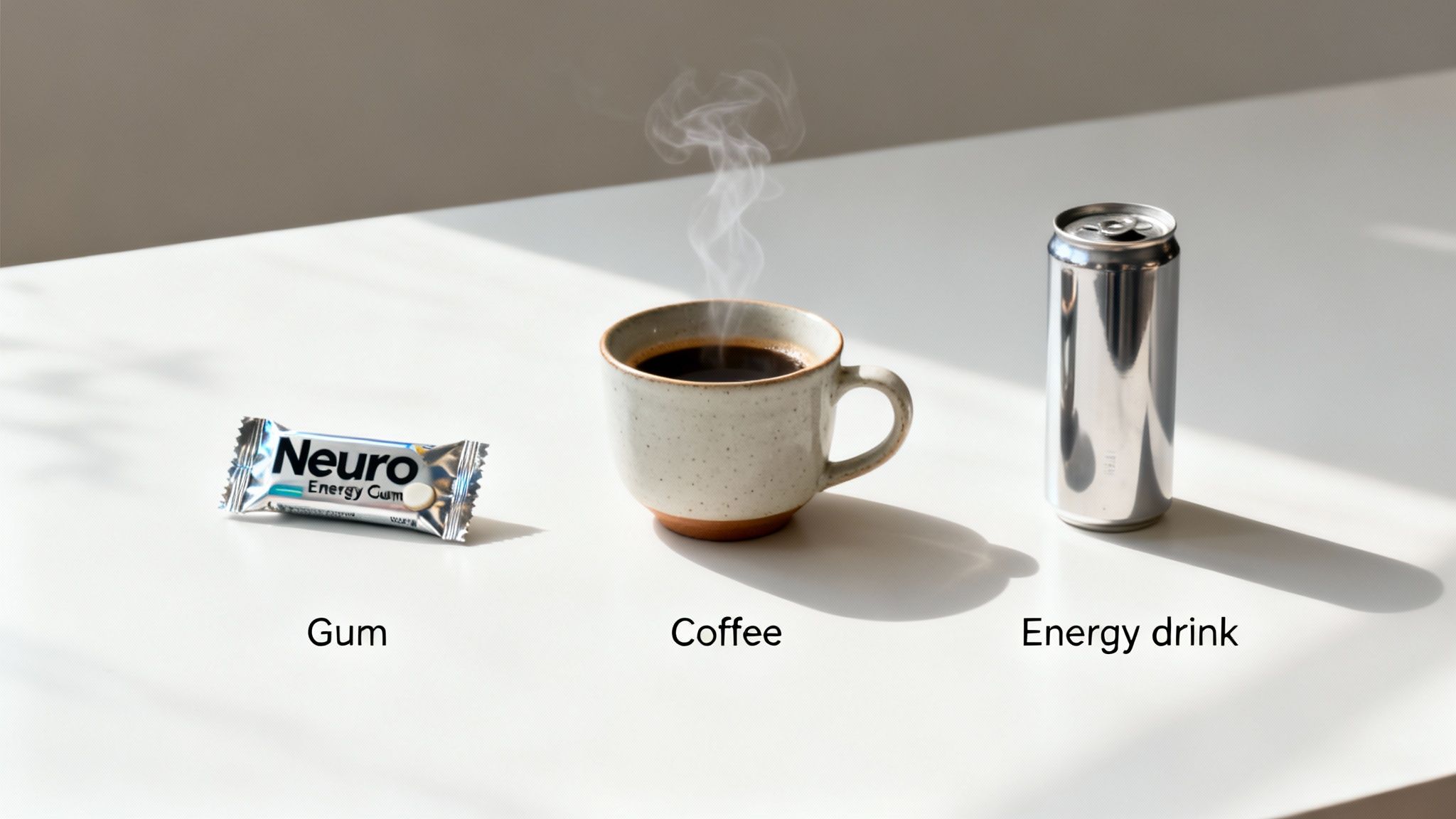Three common energy sources: Neuro Energy Gum, hot coffee, and a silver energy drink can.