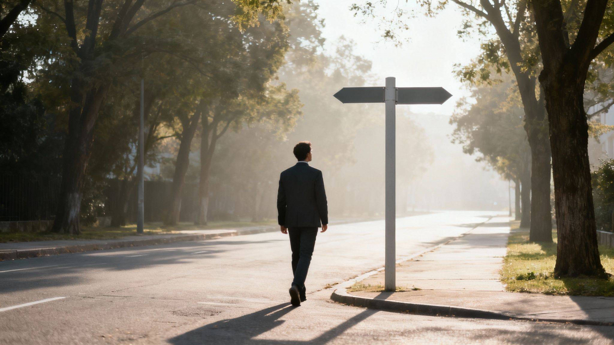 A man in a suit walks towards a blank directional sign on a misty road, trees lining the path.