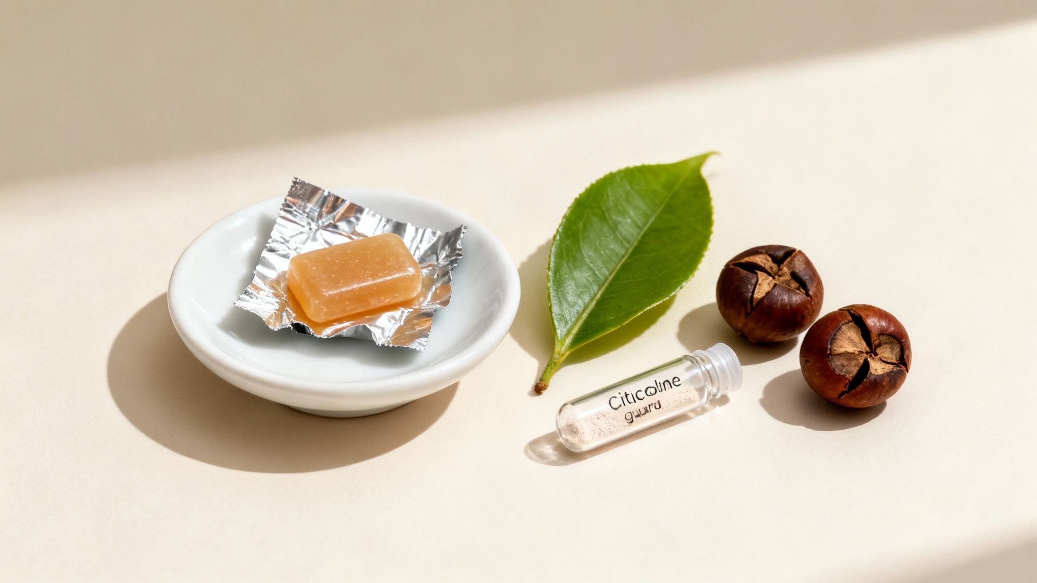 Citicoline powder, a caramel, green leaf, and chestnuts, suggesting natural nootropic ingredients.