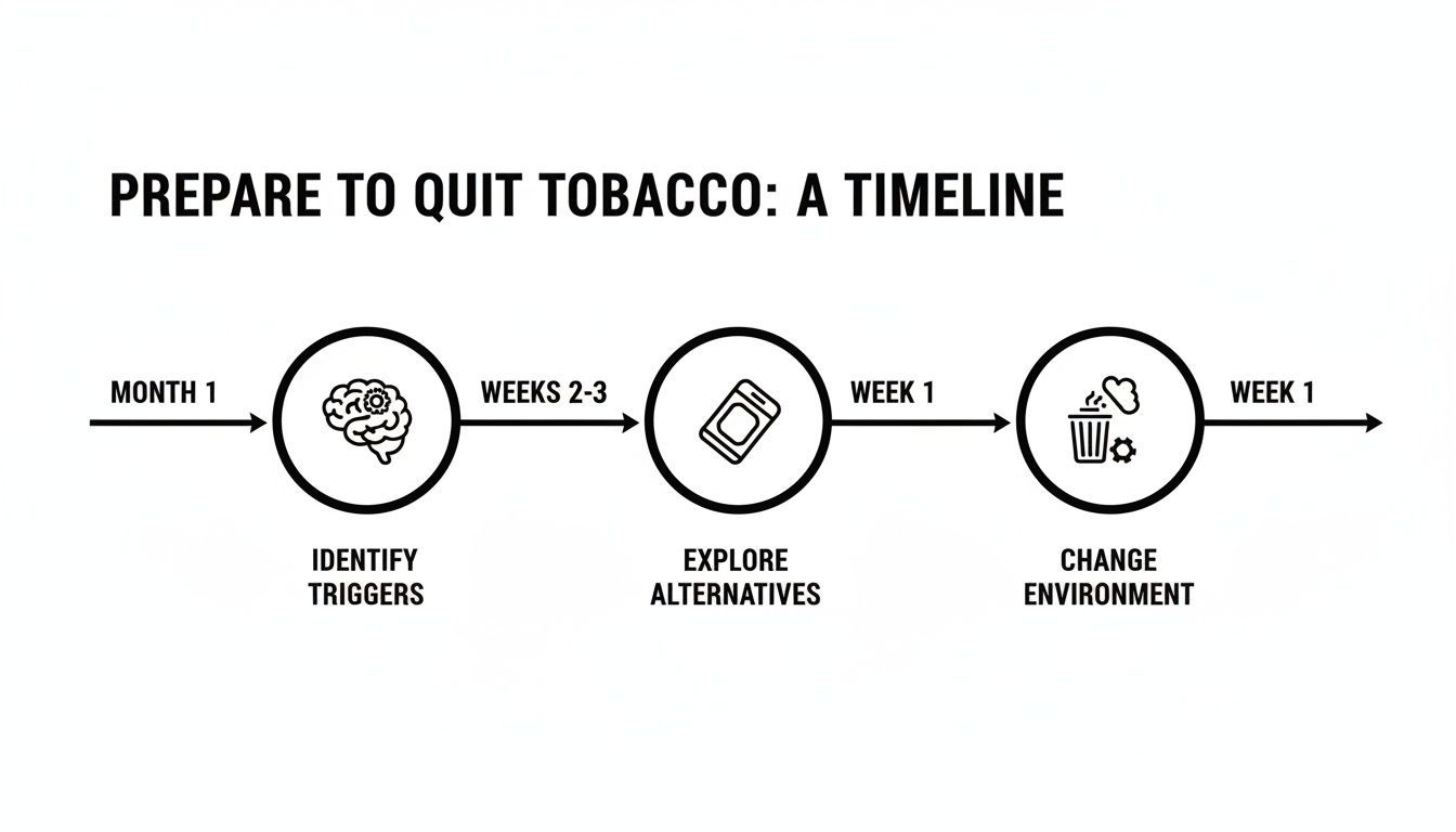 A timeline infographic showing three steps to quit tobacco: identify triggers, explore alternatives, and change environment.