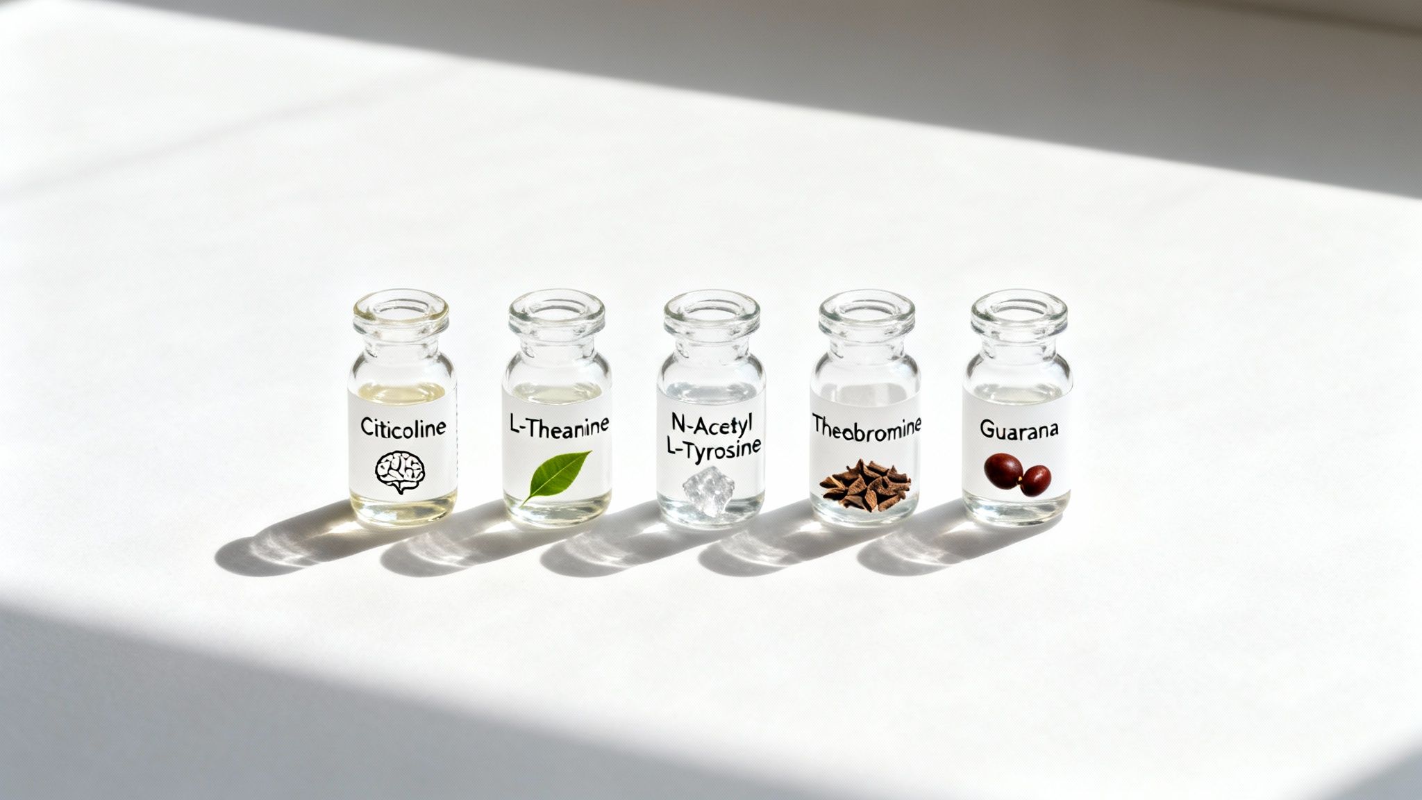 Five labeled vials of nootropic ingredients: Citicoline, L-Theanine, N-Acetyl L-Tyrosine, Theobromine, and Guarana.
