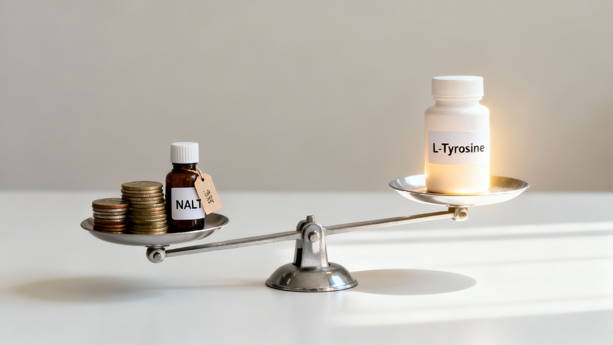 A balance scale weighing a small NALT bottle with coins against a large L-Tyrosine bottle.