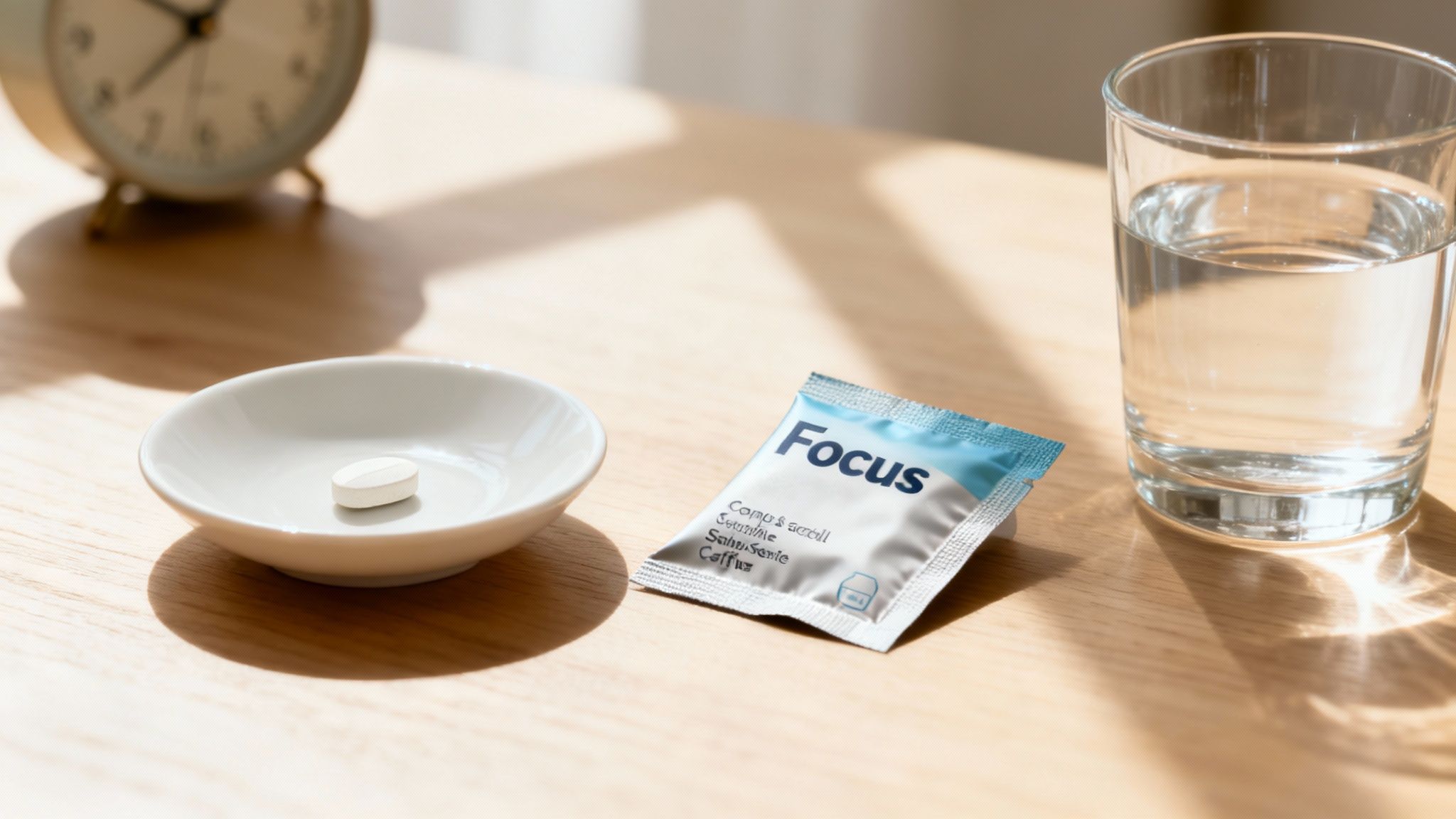 A white pill in a small dish, a 'Focus' supplement packet, and a glass of water on a wooden table.