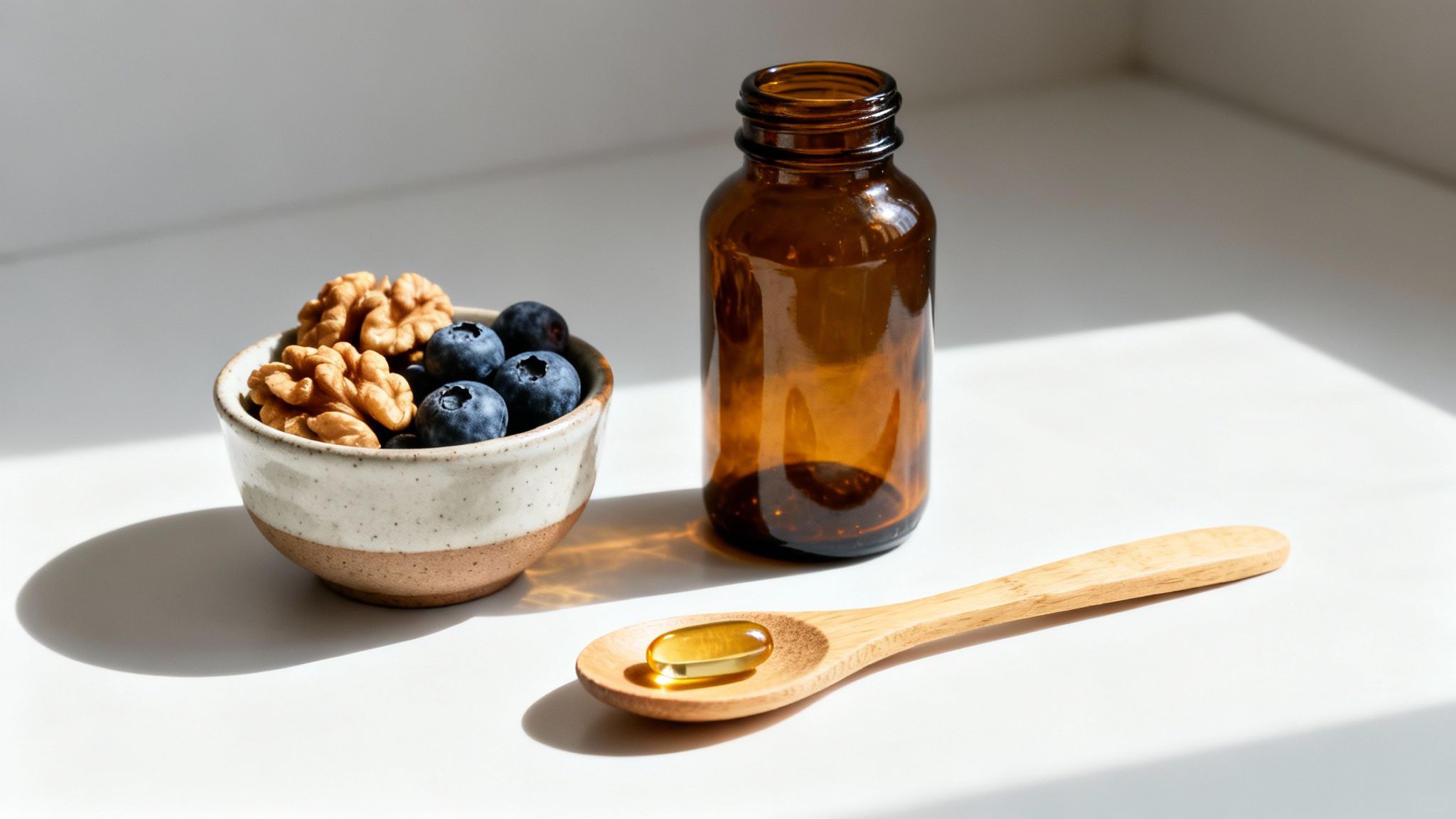 A bowl of walnuts and blueberries, an amber bottle, and a vitamin capsule on a wooden spoon.
