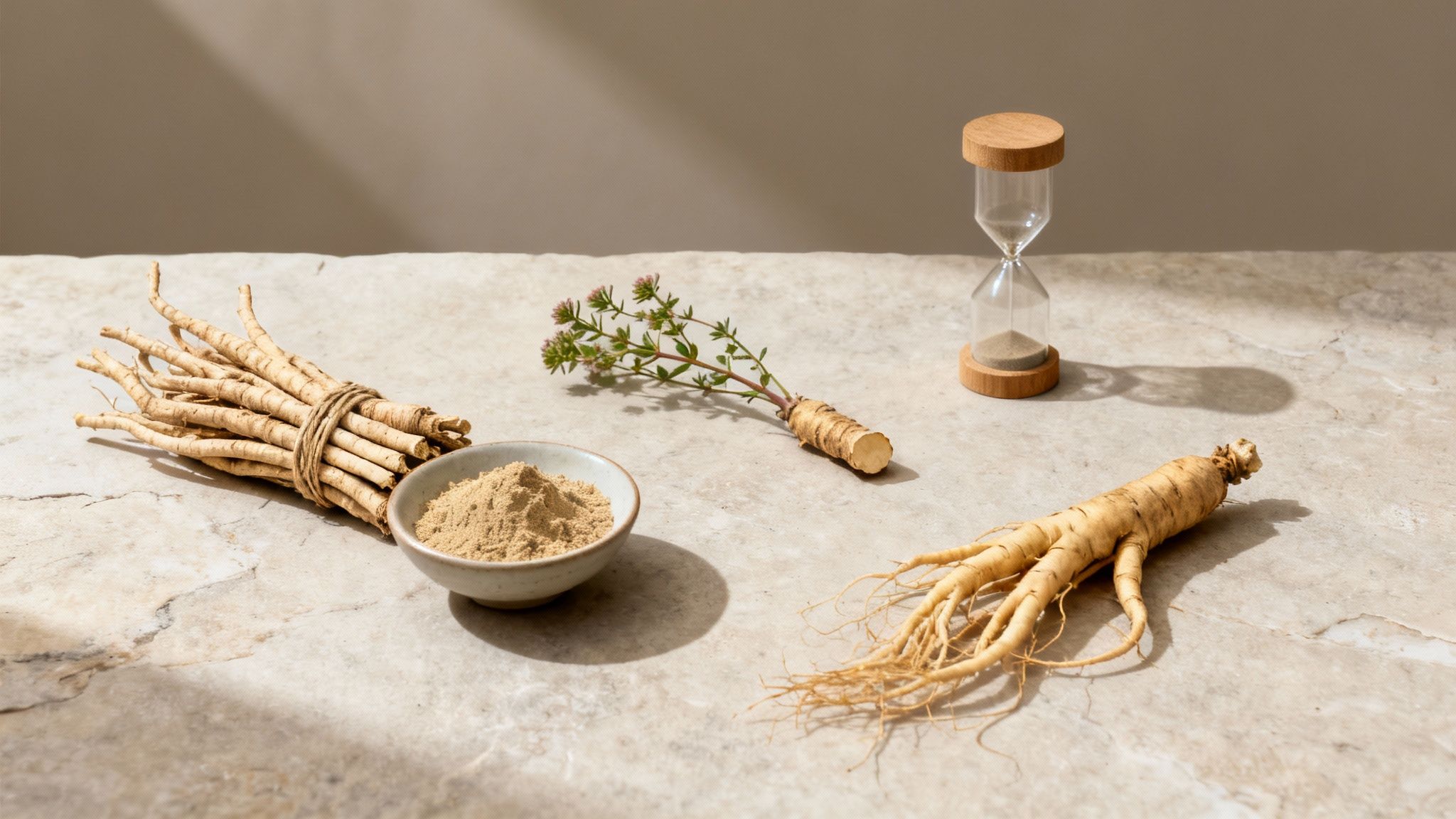 A variety of ginseng and other herbal roots, powder, and an hourglass on a light surface.