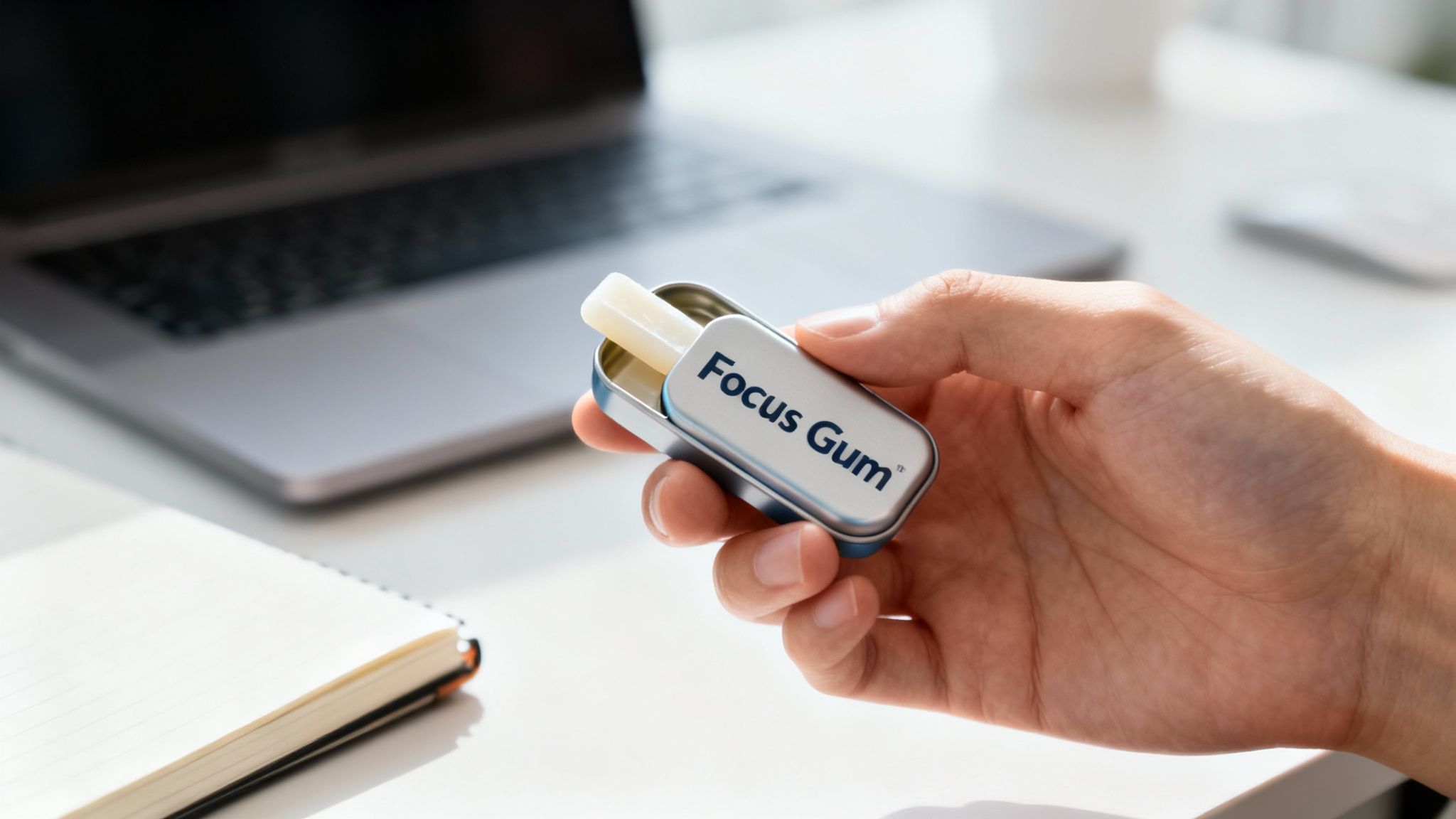 A hand holds an open silver tin of Focus Gum with a piece of white gum inside, against a blurred office desk.