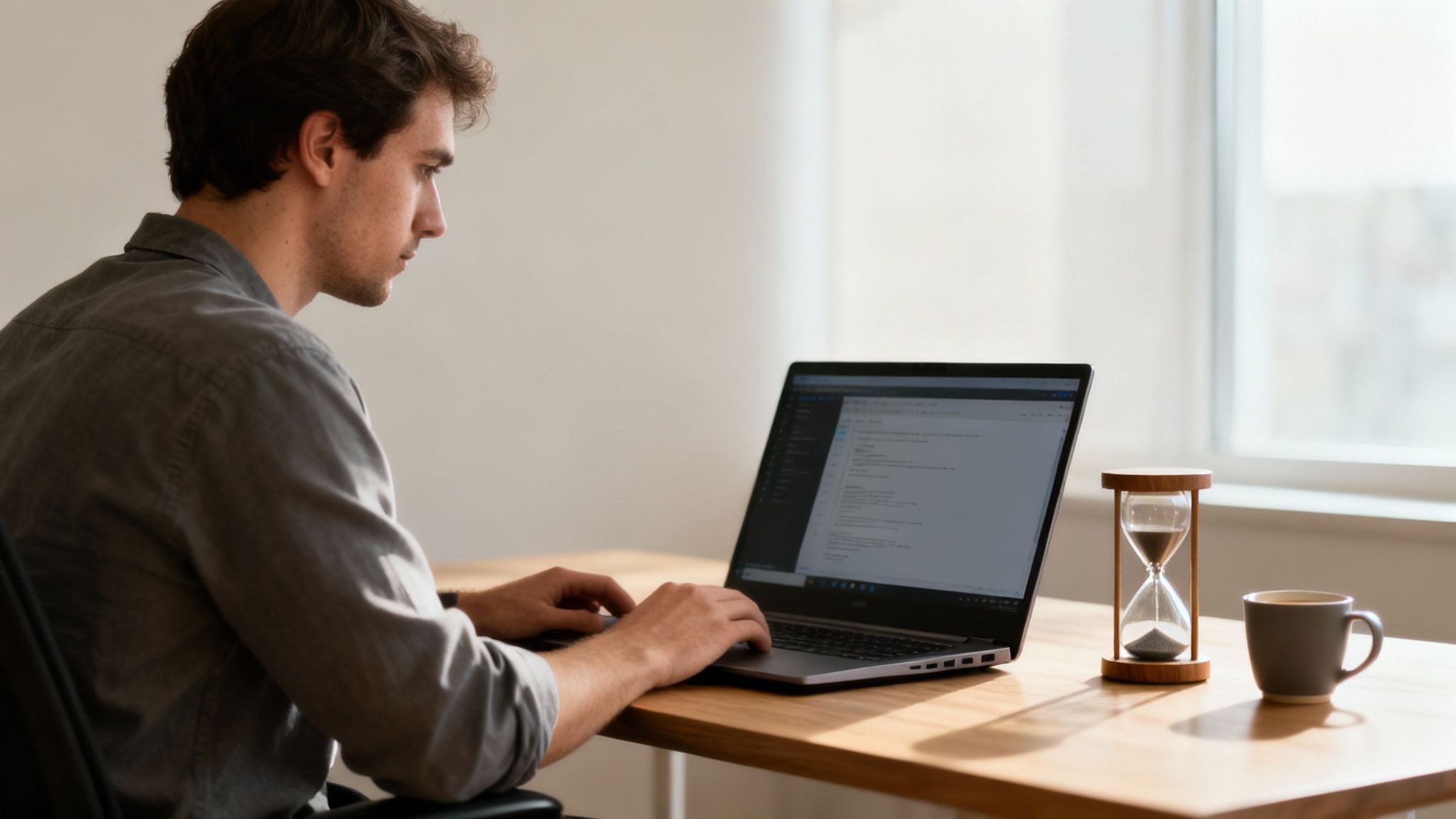 A man in a grey shirt intently works on his laptop at a desk with an hourglass and a coffee mug.