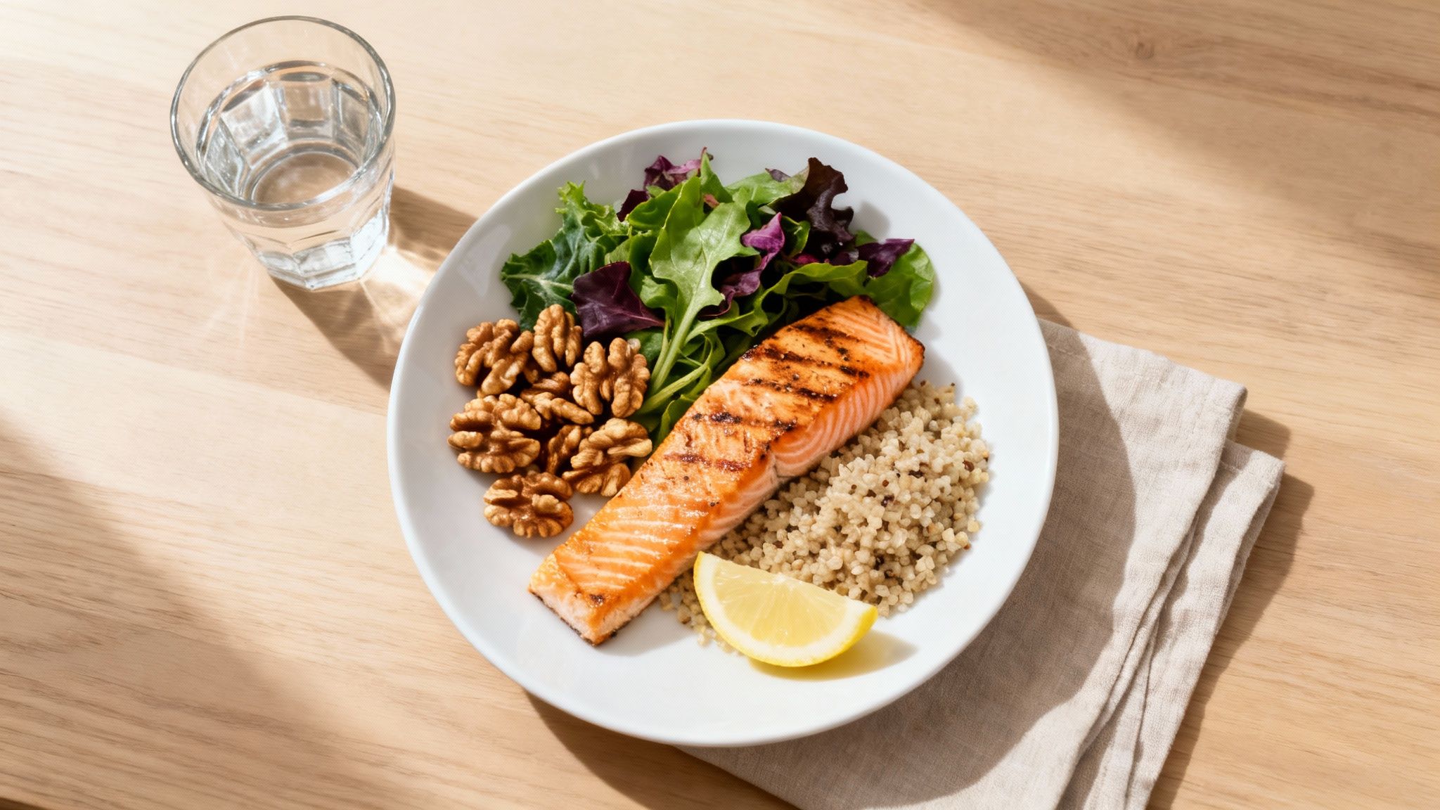 A healthy meal with grilled salmon, quinoa, fresh greens, walnuts, and a glass of water.
