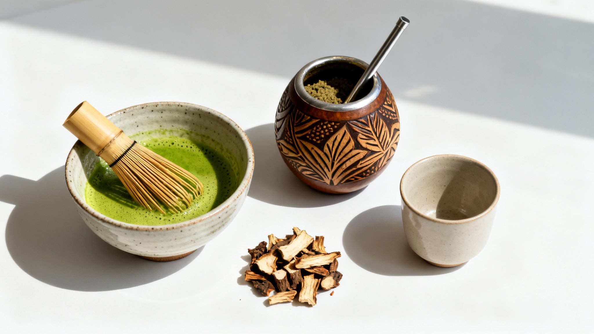 Matcha tea with a whisk, a mate gourd, an empty ceramic cup, and dried roots.