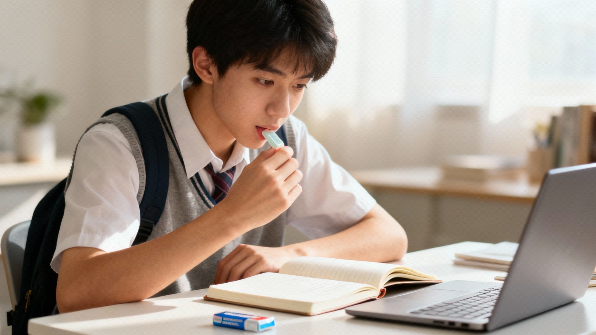 Young male student in uniform chewing gum while studying at a desk with a laptop.