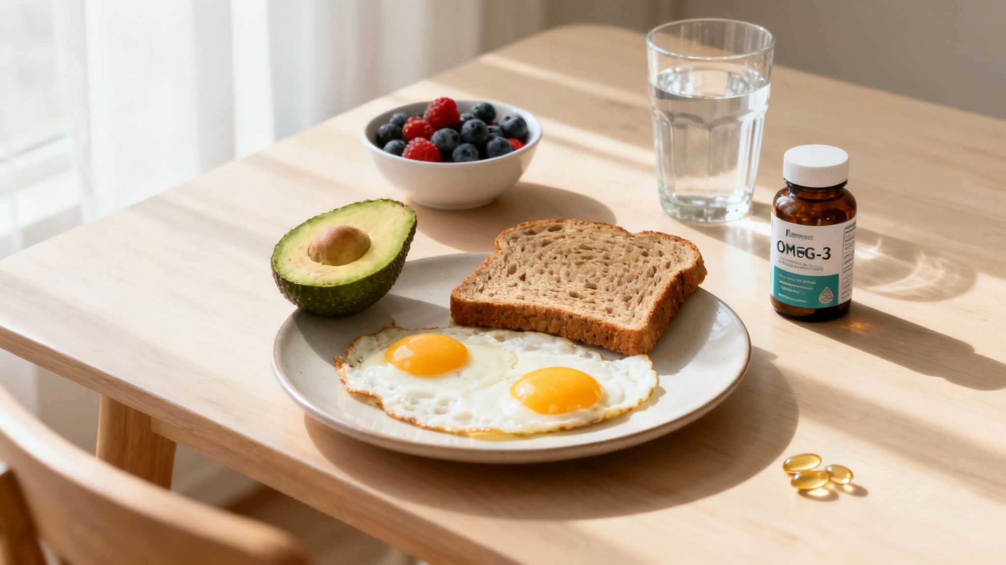 A vibrant salad in a bowl, with fresh fruits and nuts nearby, symbolizing brain-healthy food.