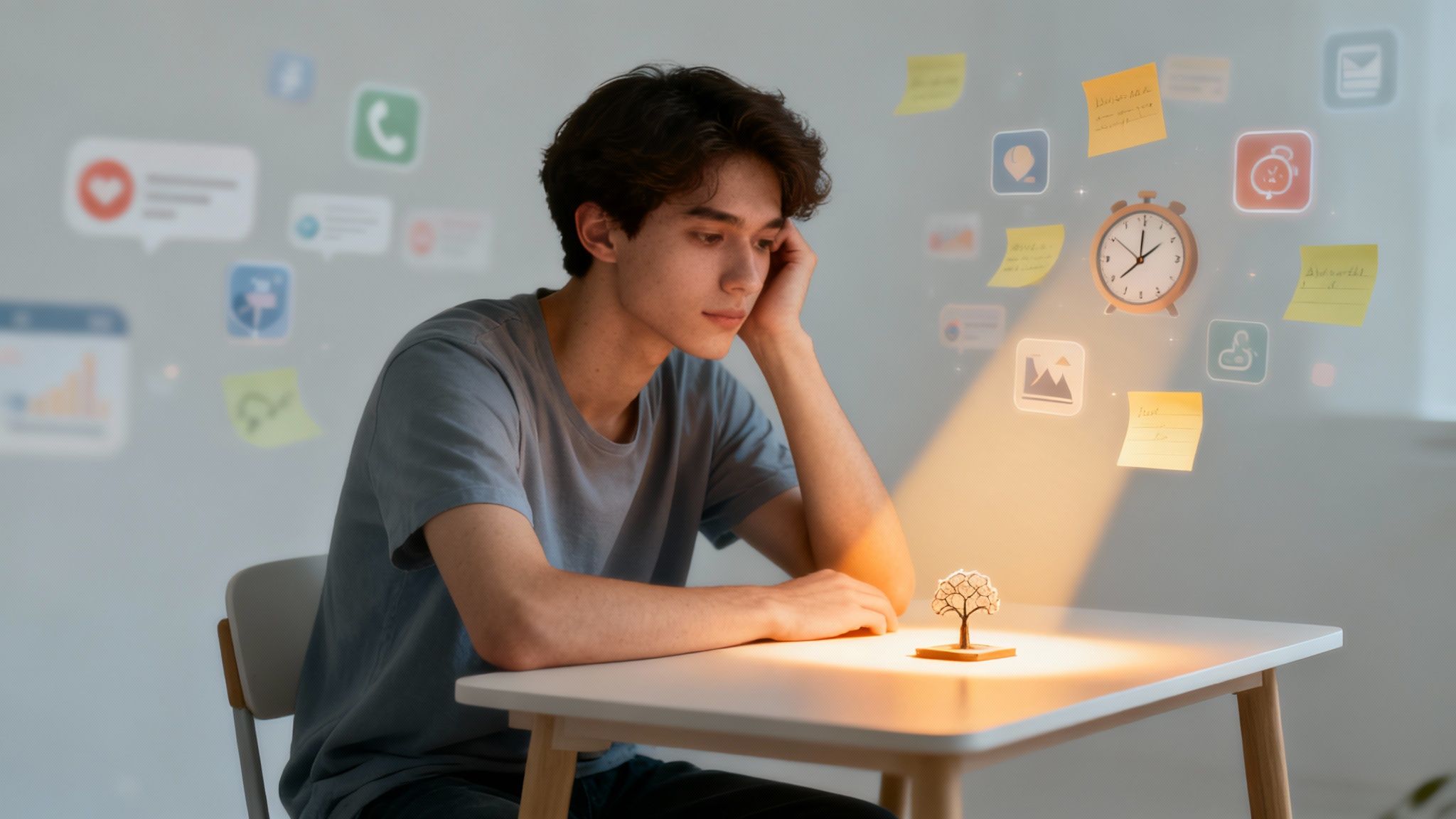 A person sitting at a desk with scattered papers, looking thoughtful, representing the internal state of an ADHD brain.