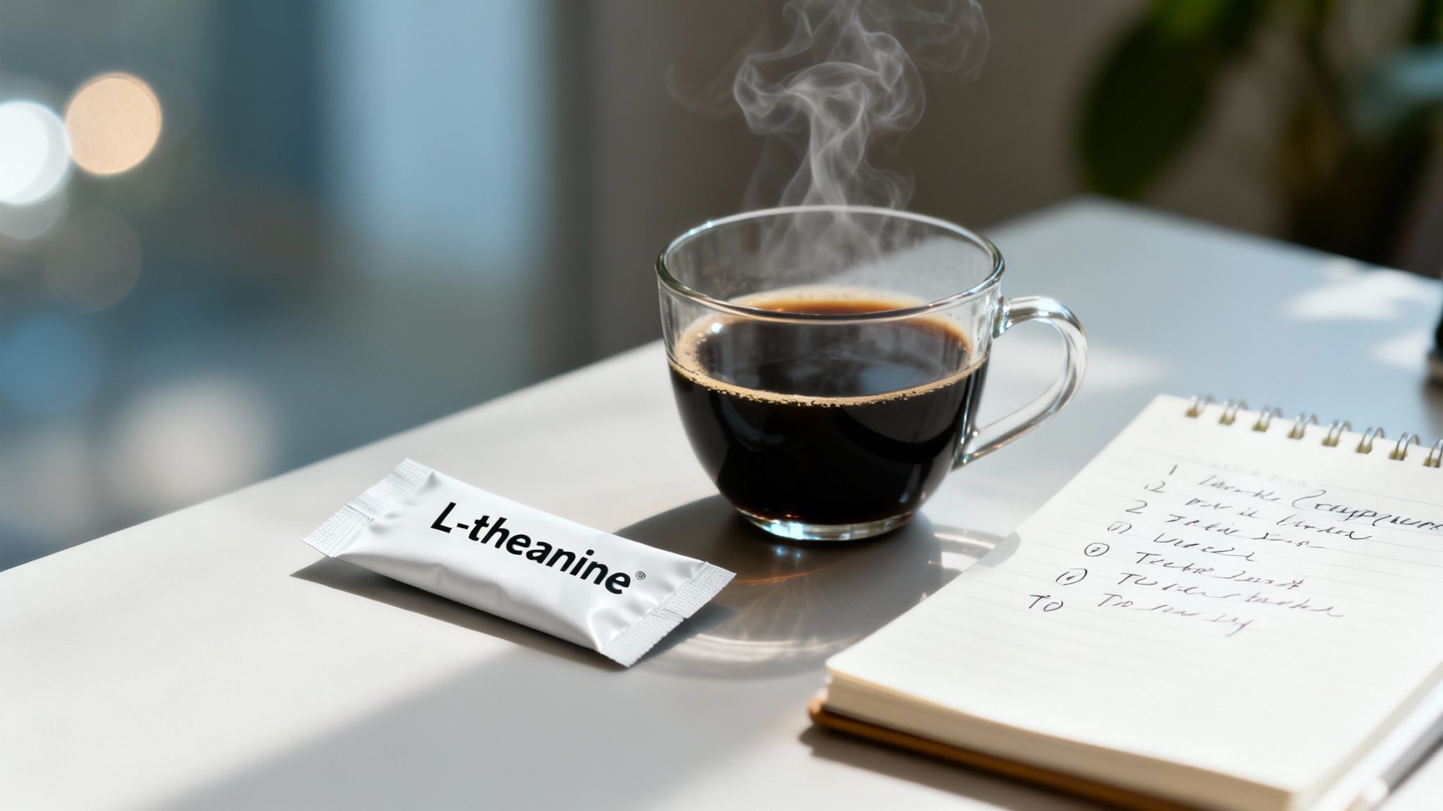A steaming cup of black coffee, an L-theanine supplement packet, and a notebook on a bright desk.