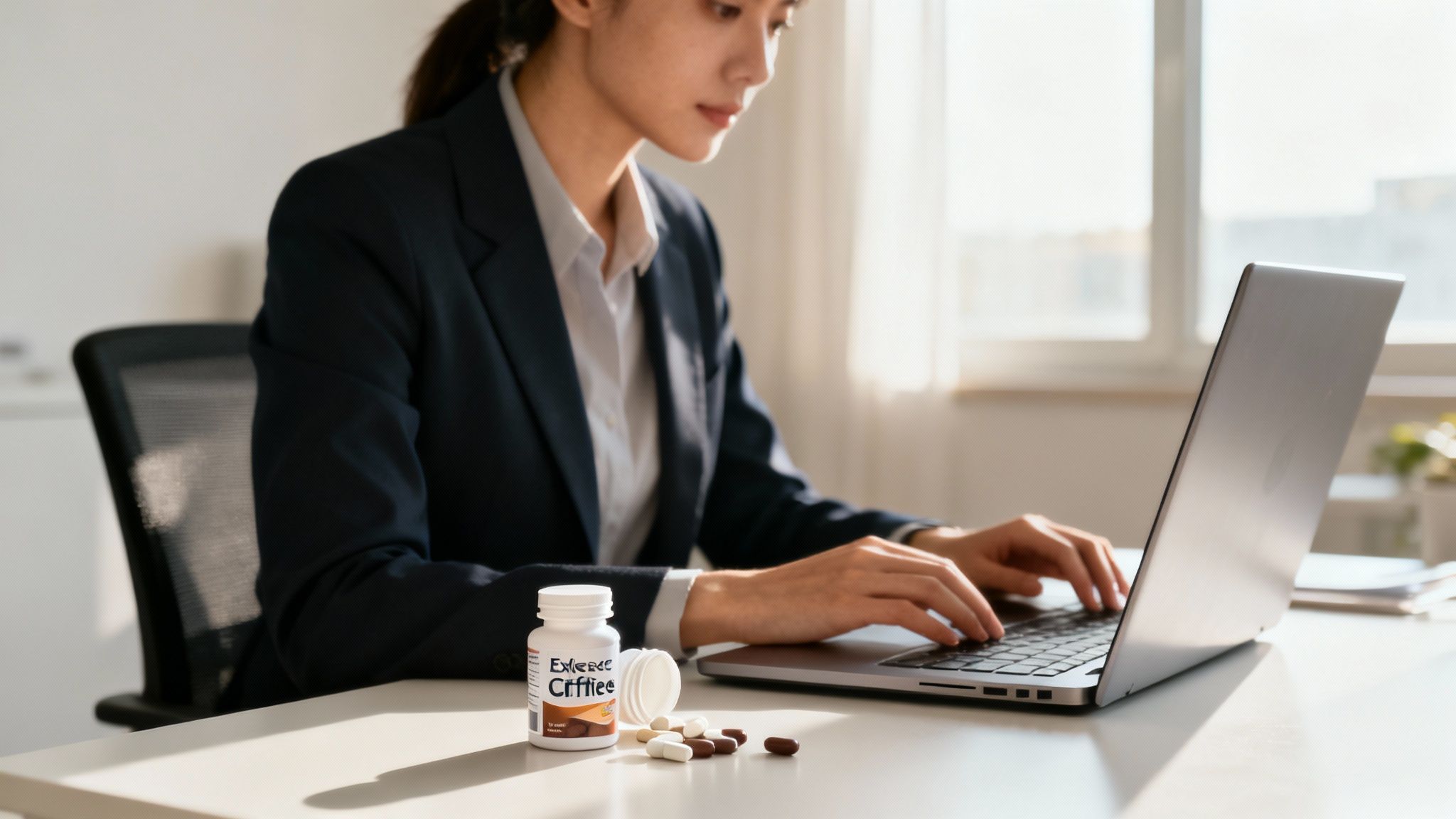 Professional woman working on laptop with caffeine pills bottle on desk in bright office