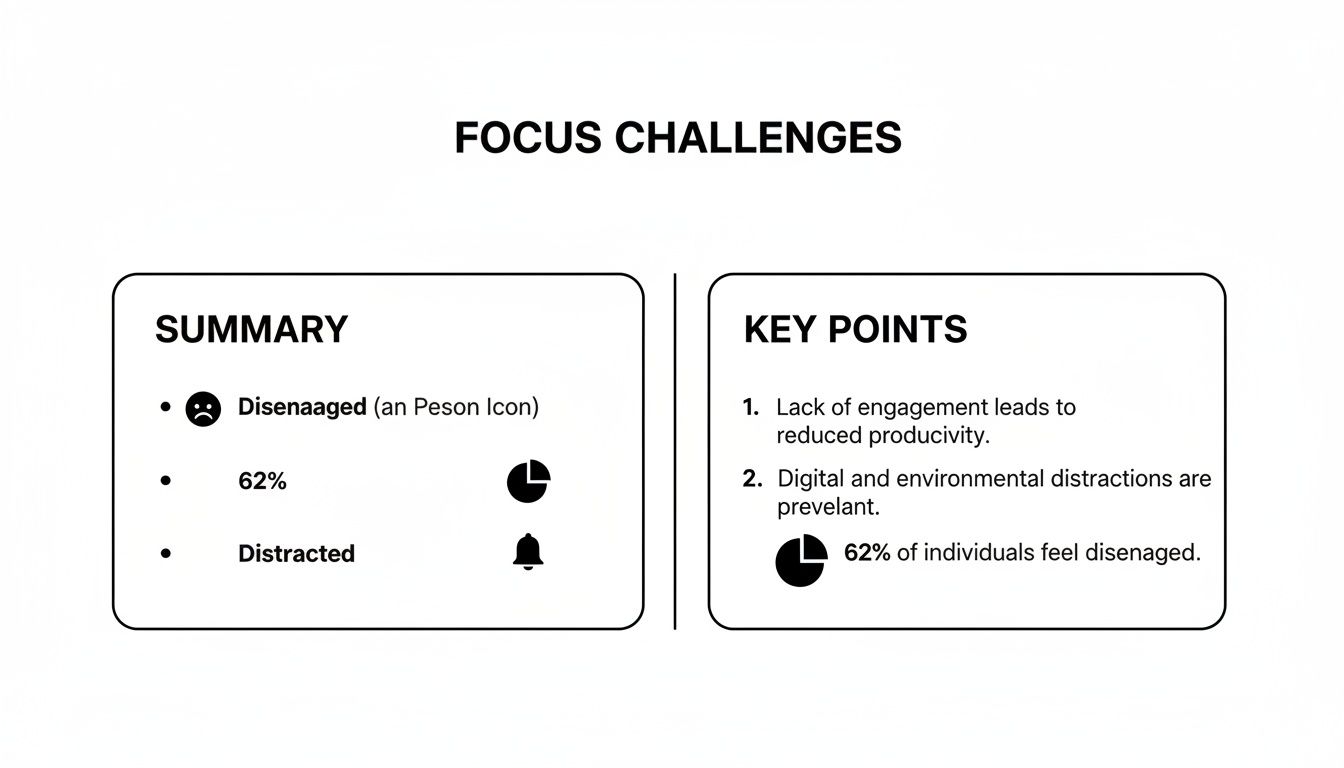 A presentation slide detailing focus challenges, summarizing disengagement, 62% statistic, and prevalent distractions.