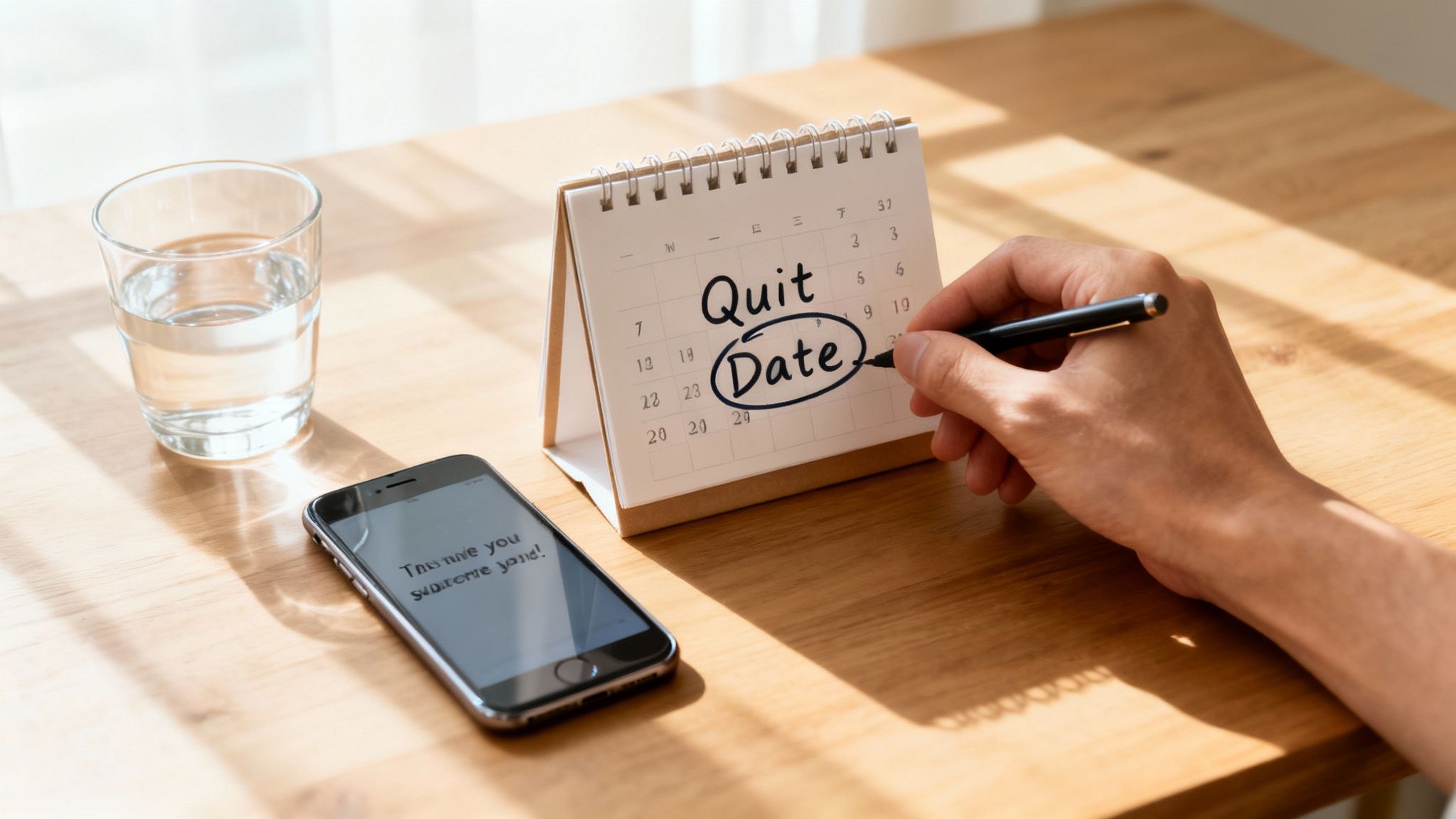 A hand circles 'Quit Date' on a desk calendar, next to a phone and glass of water.