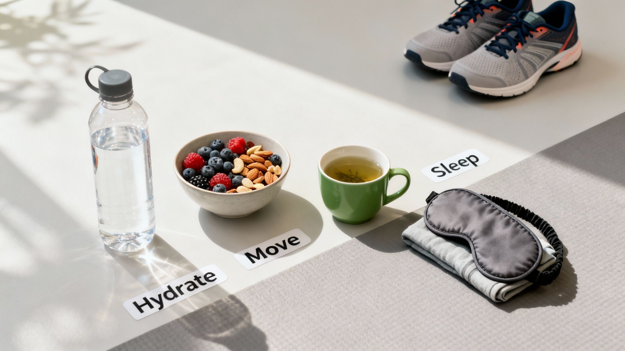 A flat lay of healthy lifestyle essentials: water, berries, nuts, tea, running shoes, and a sleep mask.