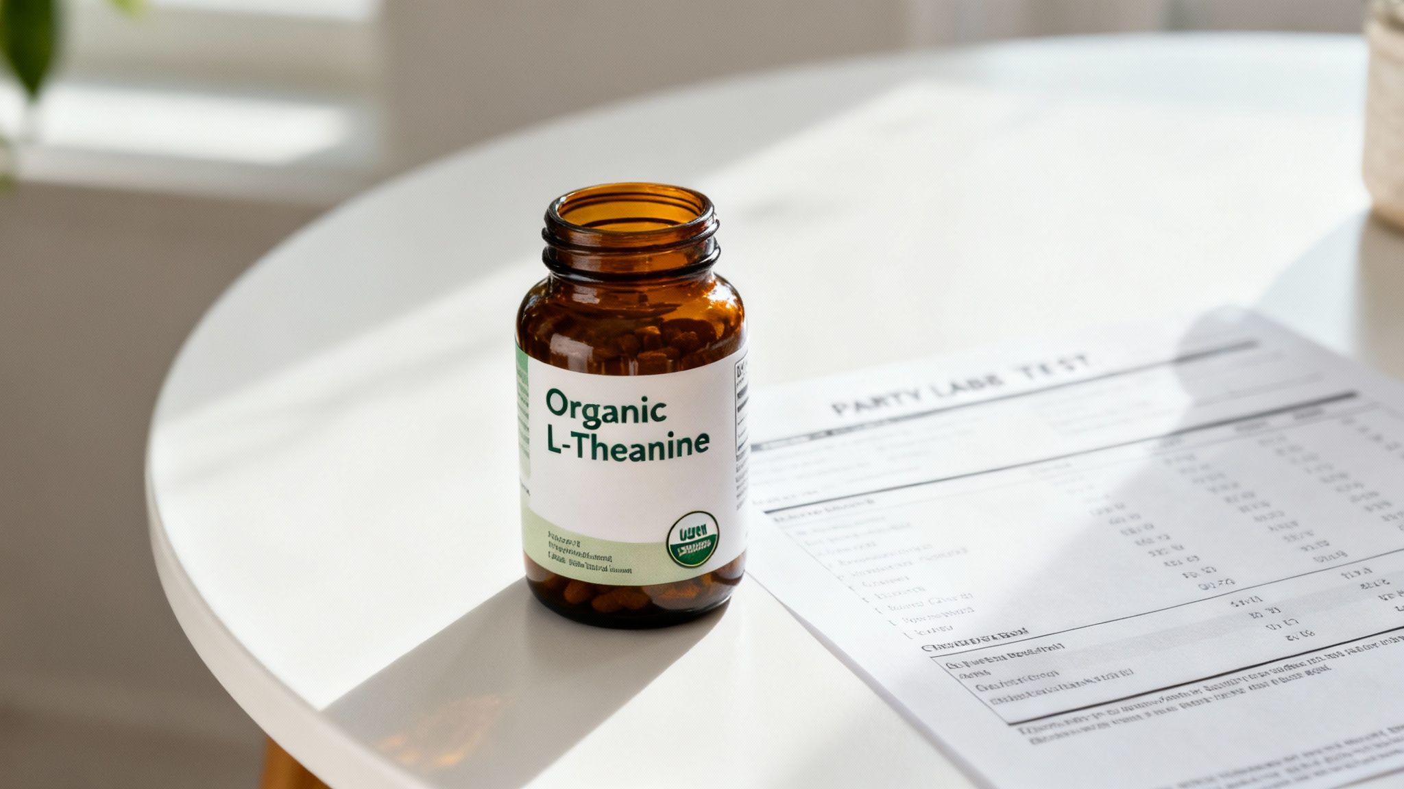 Amber glass bottle of organic L-Theanine supplement with certification seal on white table near documents