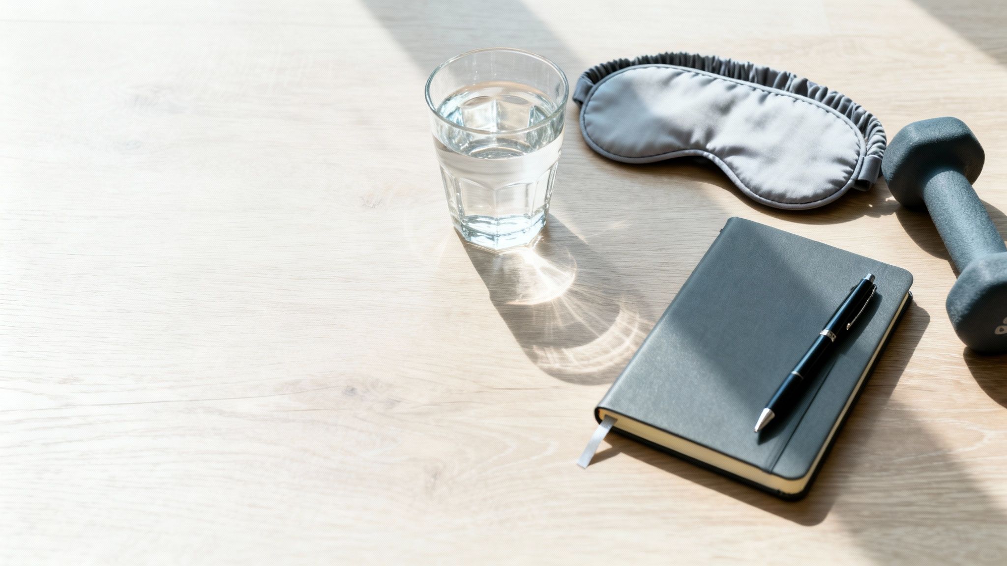 A wellness flat lay with a glass of water, sleeping mask, notebook, pen, and dumbbell.