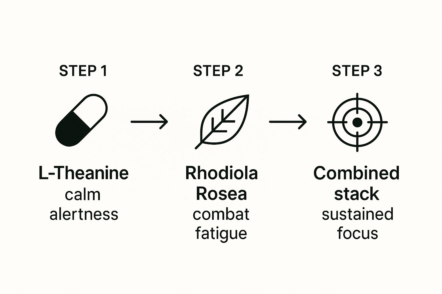 Infographic showing a three-step process flow: Step 1 L-Theanine for calm alertness, Step 2 Rhodiola Rosea to combat fatigue, and Step 3 a combined stack for sustained focus.
