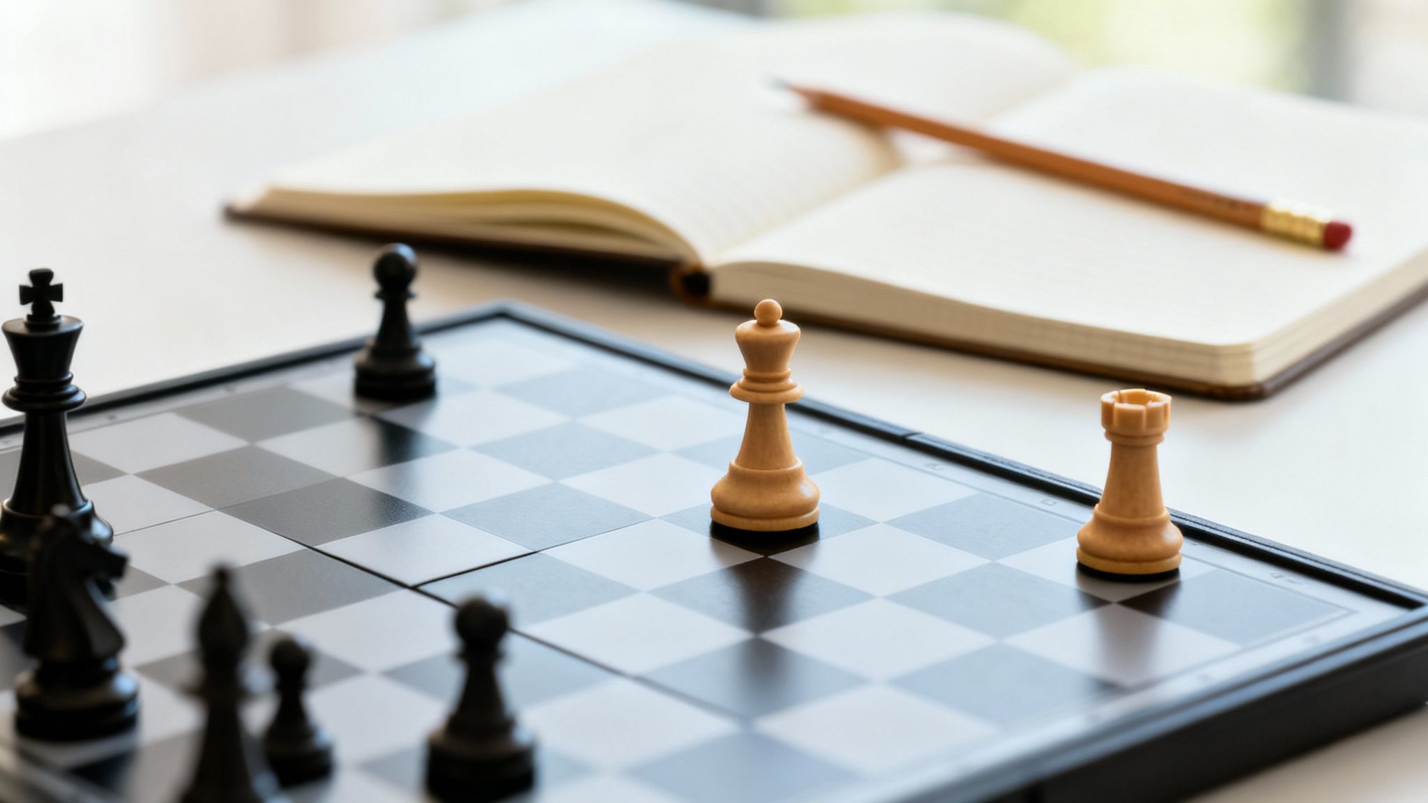 A chessboard with chess pieces, an open notebook, and a pencil, symbolizing strategic thinking.