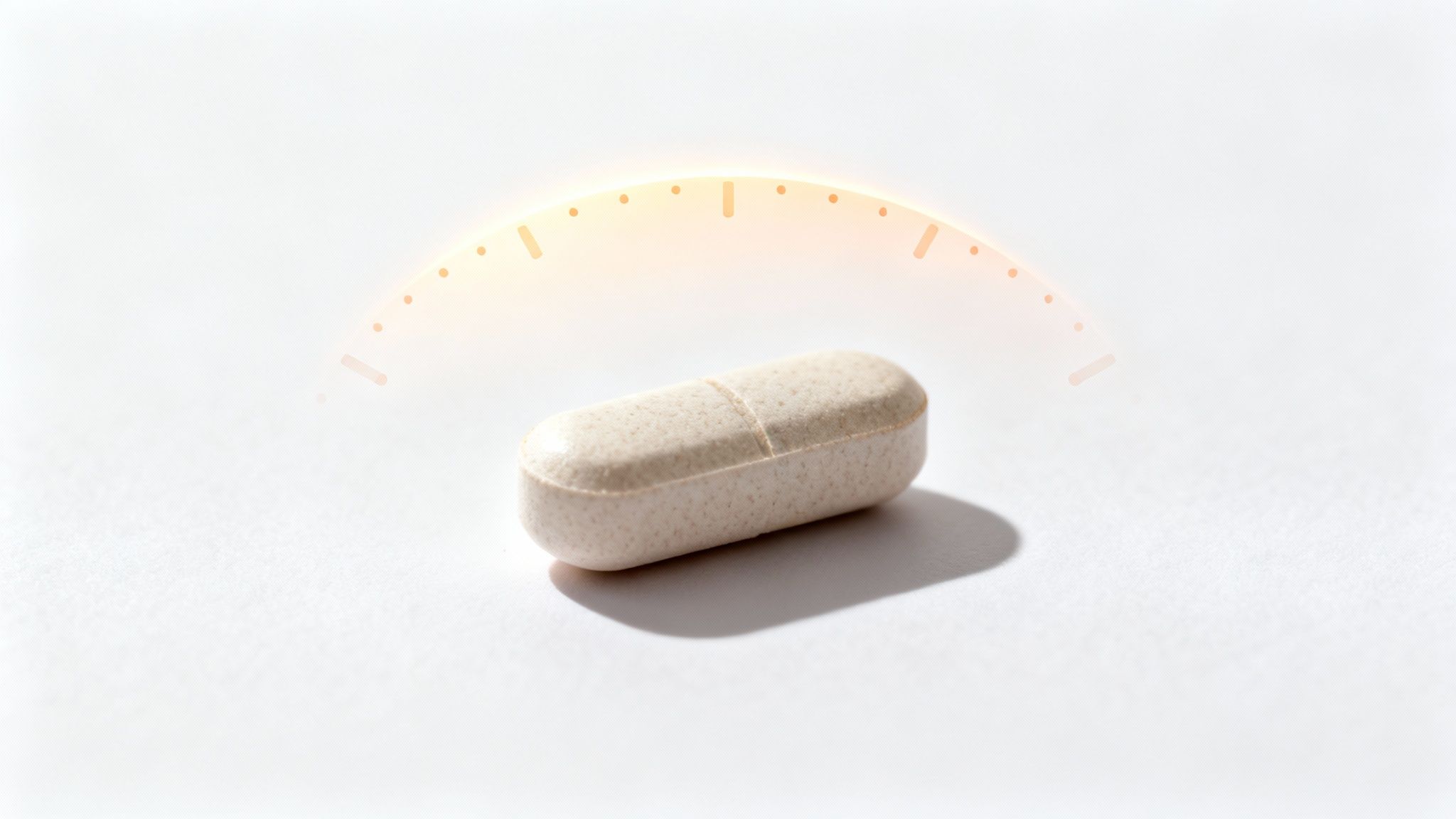 A single light-colored, oblong slow-release tablet with a glowing timer arch on a white background.
