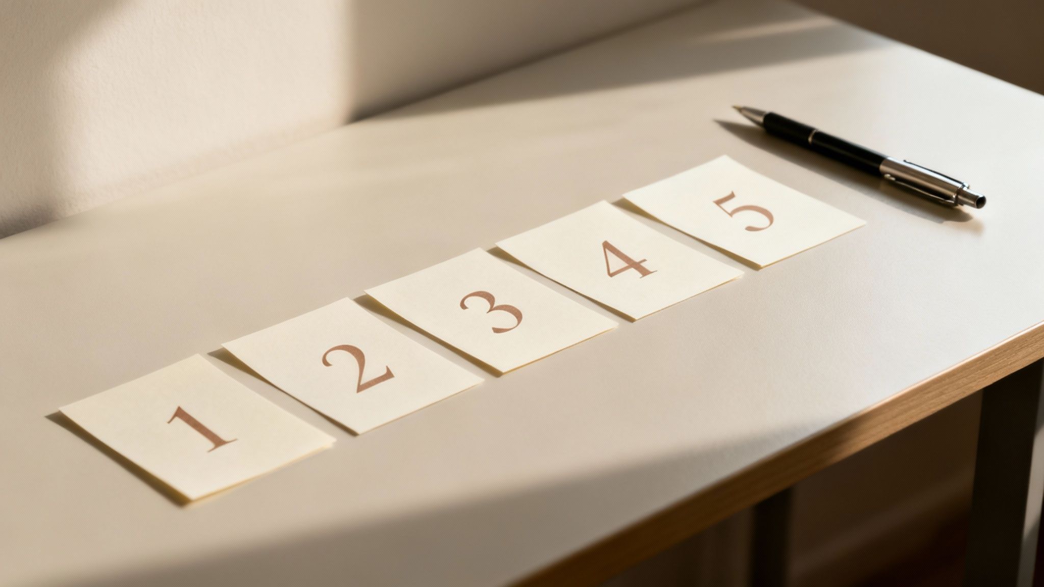 Five numbered cards (1 to 5) laid out on a table with a pen, indicating a step-by-step process.