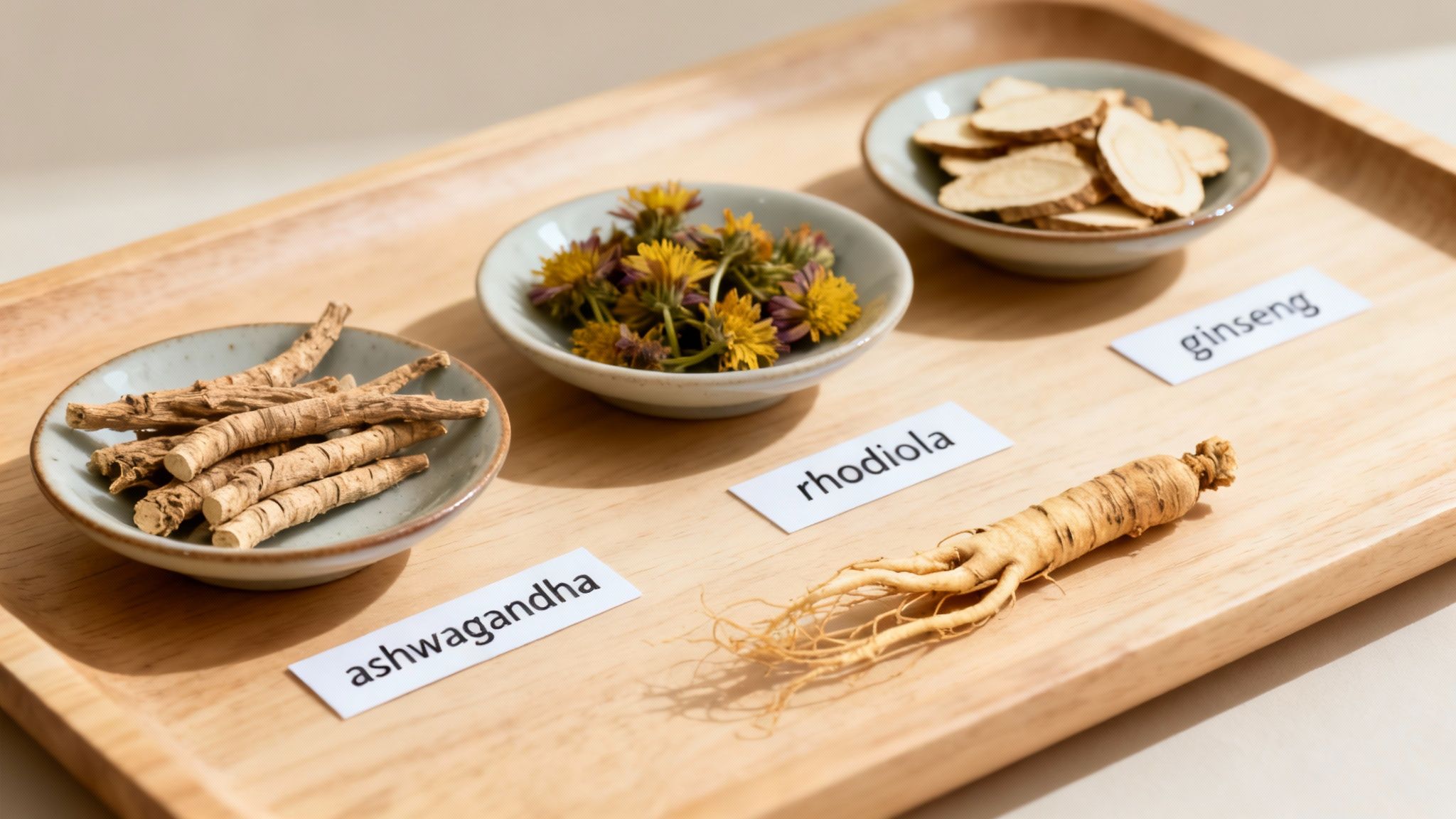 A wooden tray displays labeled natural adaptogens: ashwagandha roots, rhodiola flowers, and ginseng.