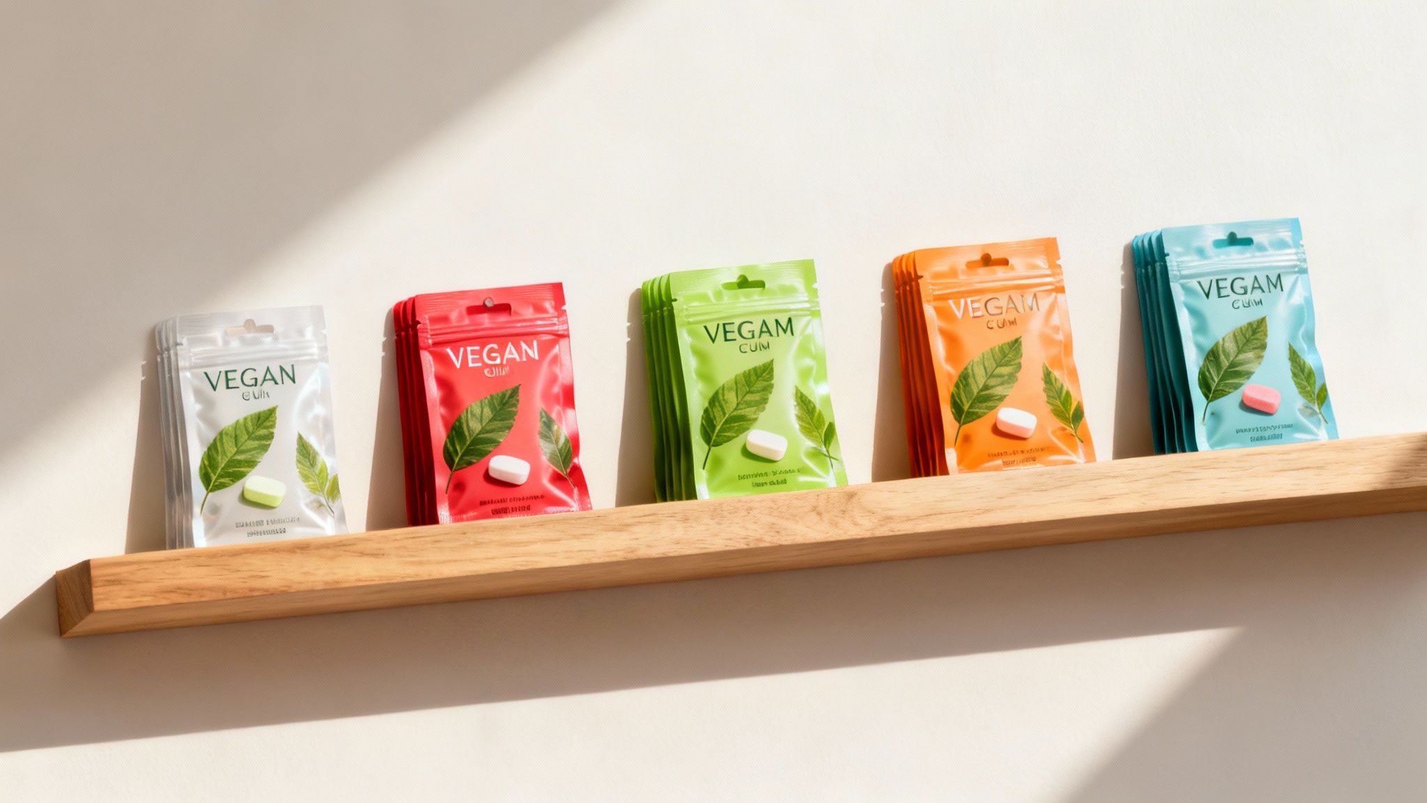 A hand holding a pack of vegan gum with a vibrant, natural background.