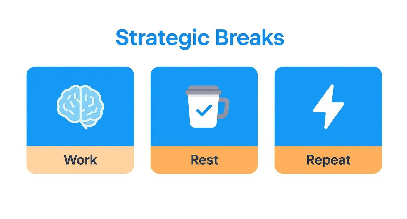 Infographic showing strategic breaks: a cycle of work (brain), rest (coffee), and repeat (lightning bolt).