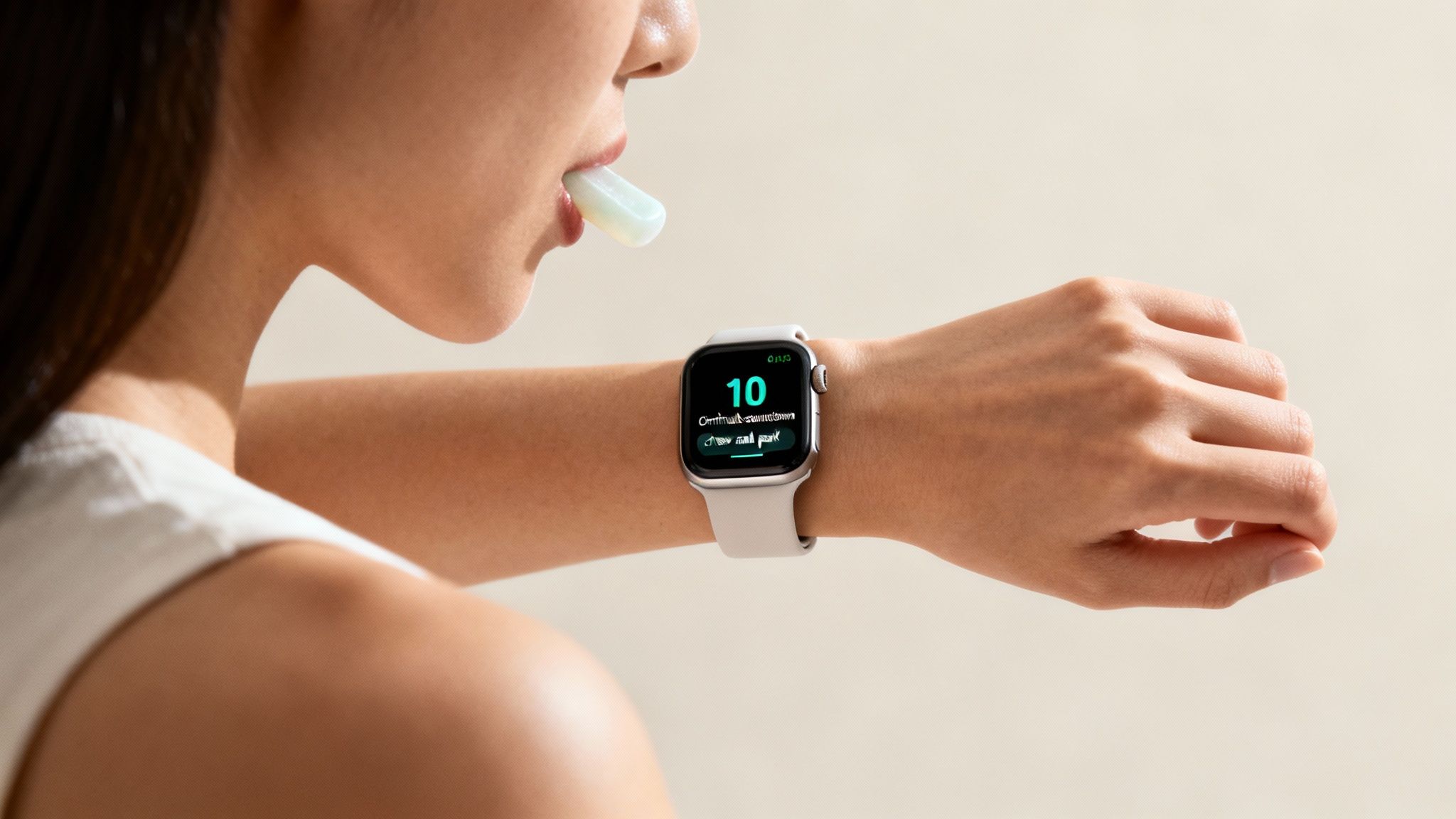 Close-up of a person with a mouth device and smartwatch displaying a countdown of 10.