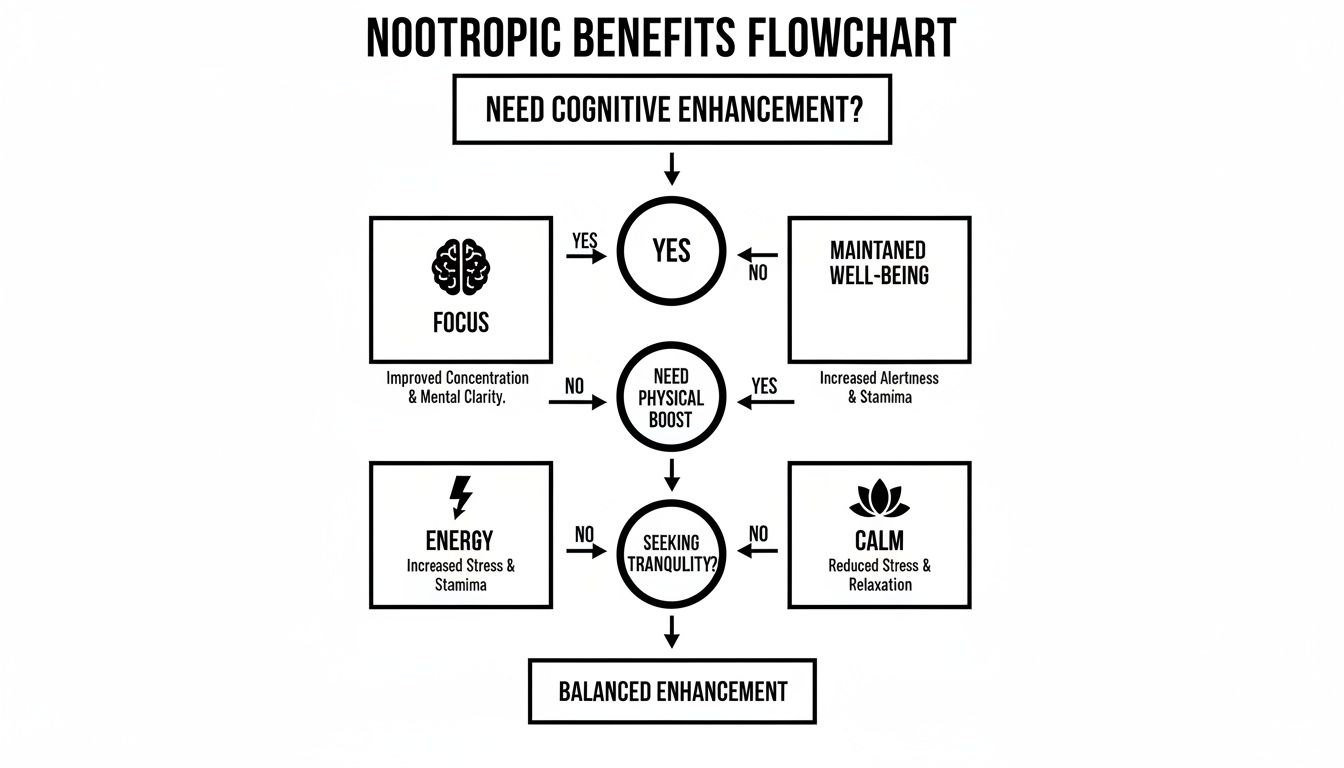 Flowchart detailing nootropic benefits for cognitive enhancement, physical boost, focus, energy, and calm.