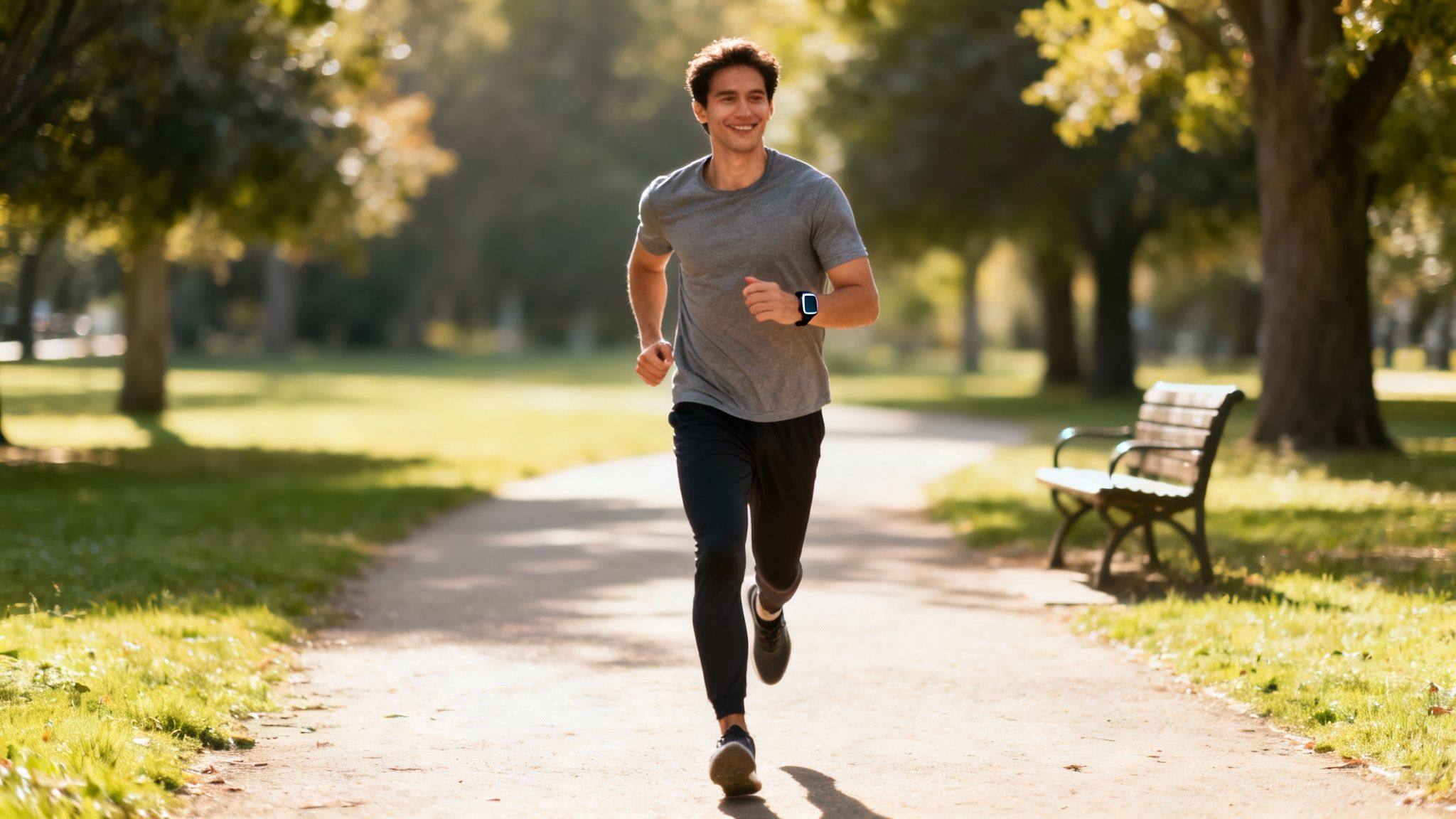 A smiling man jogs happily along a sunny park path, wearing a smartwatch and athletic attire.