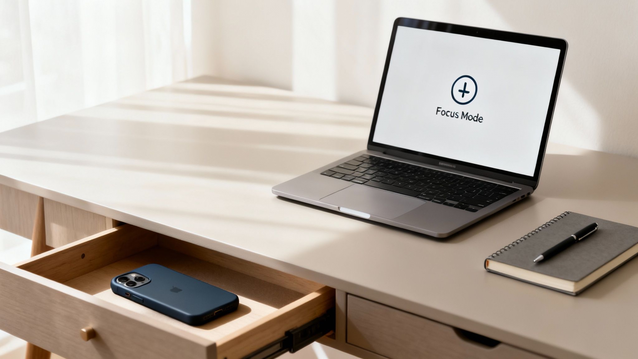 A laptop displaying 'Focus Mode' on a light-colored desk, with a phone stored in an open drawer.