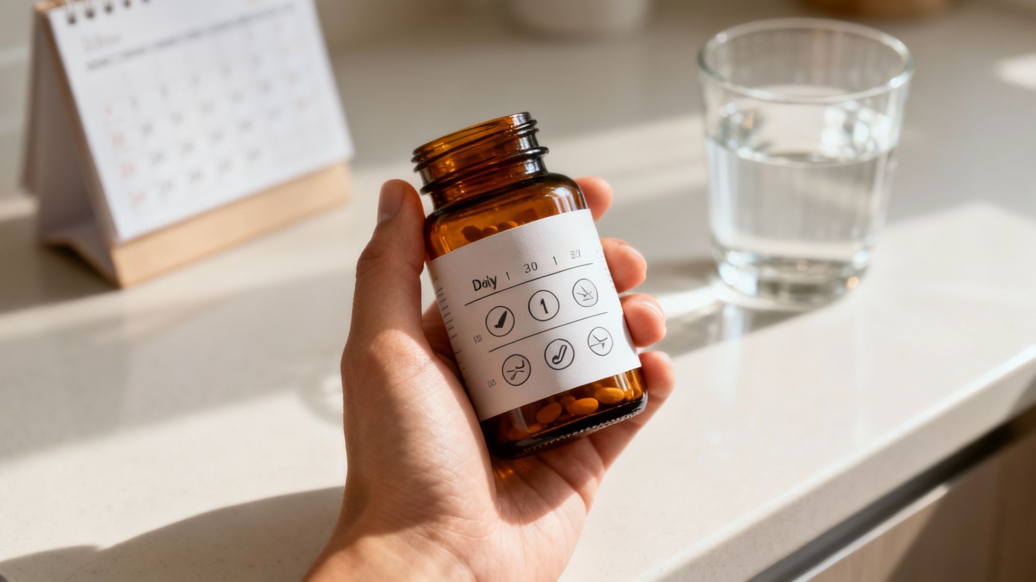 A person carefully measuring a supplement powder with a spoon into a glass of water, with a notebook and pen nearby, signifying thoughtful and safe usage.