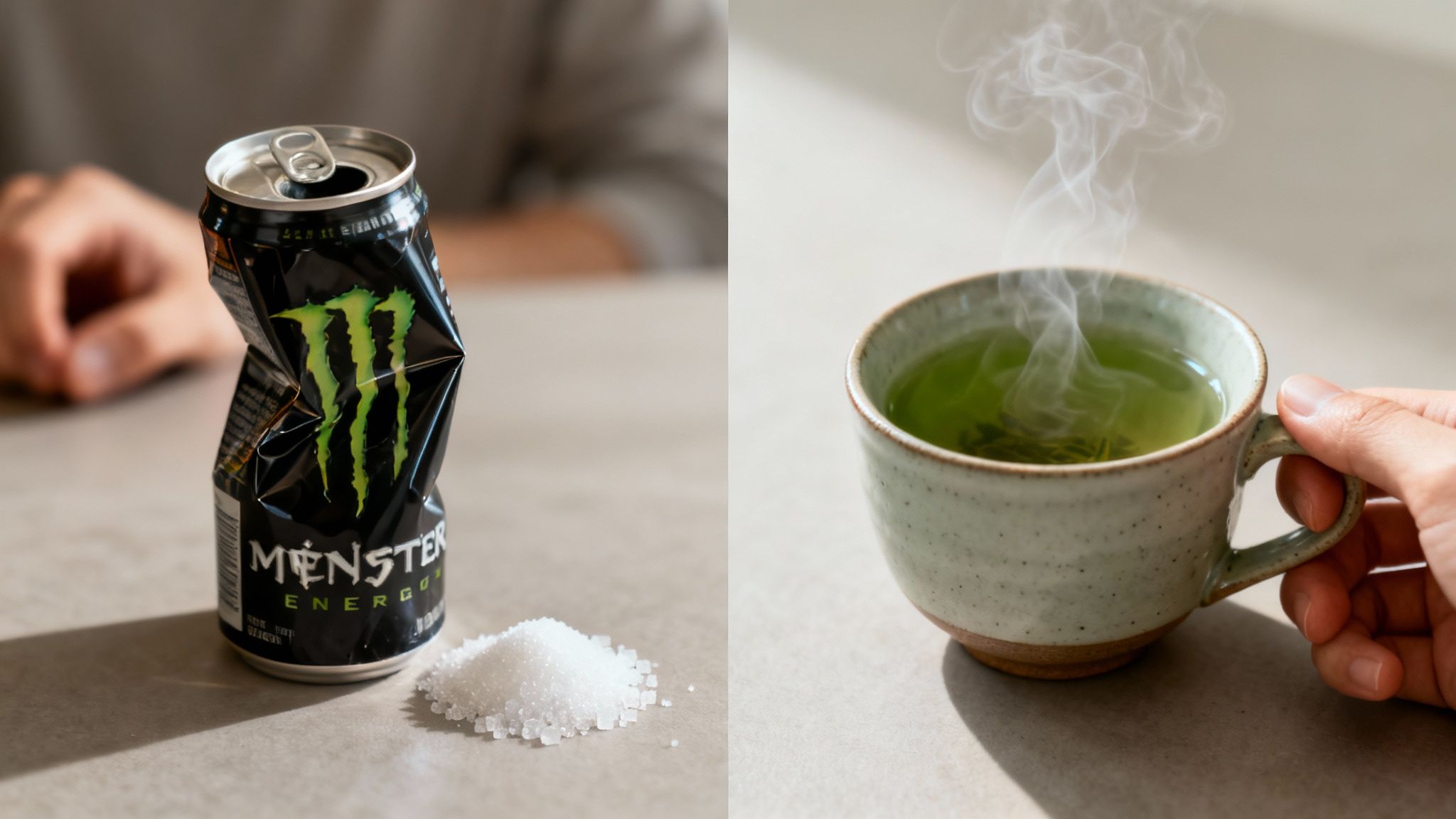 A person holding a can of a natural energy drink while looking at a laptop.