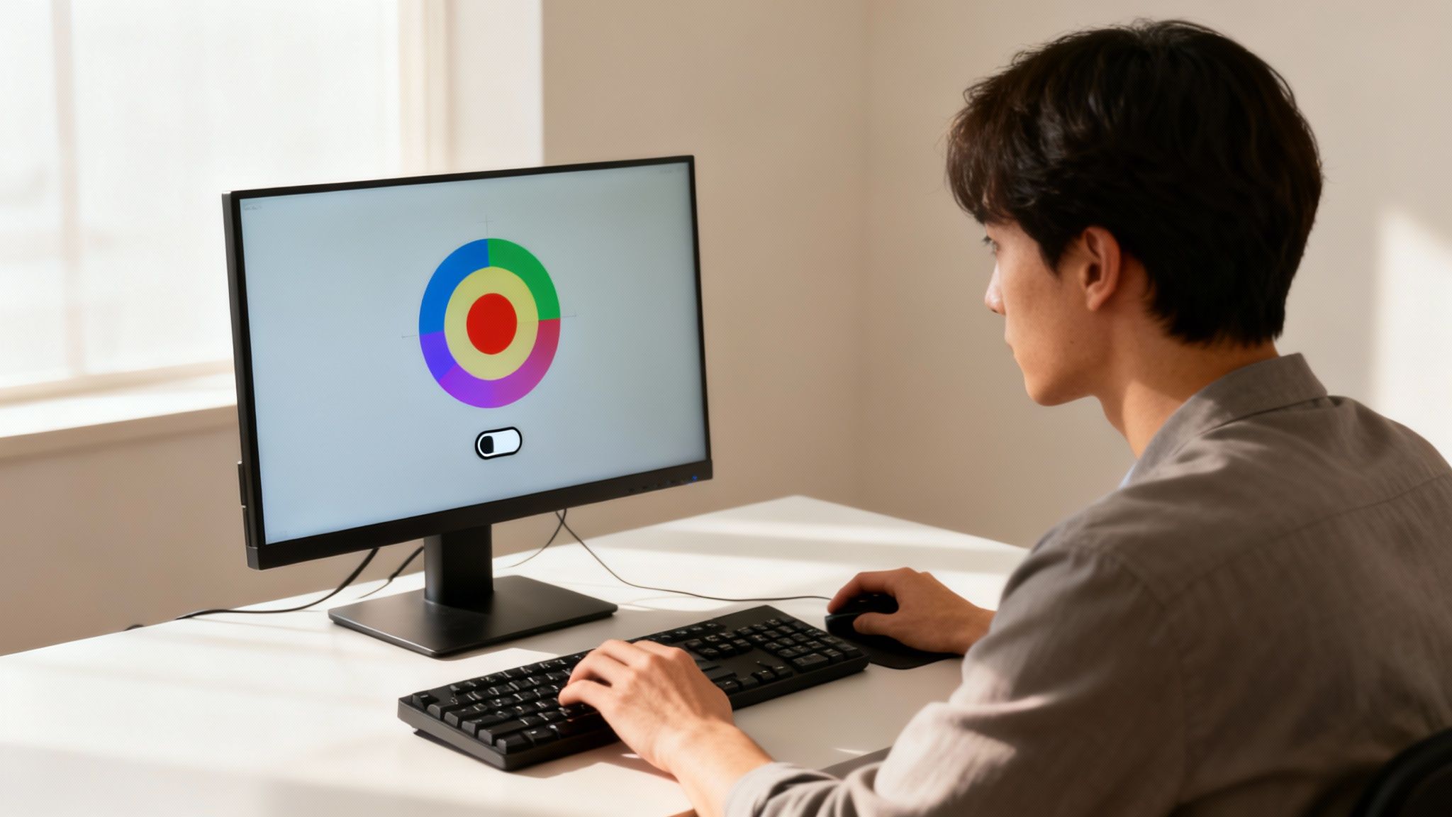 A young man focuses on a computer screen displaying a colorful target graphic for a reaction time test.