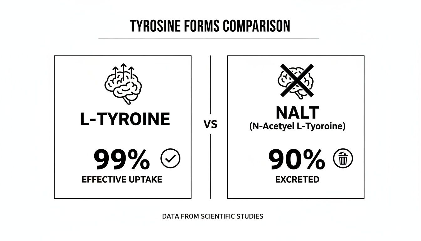 Infographic comparing L-Tyrosine's 99% effective uptake with NALT's 90% excretion, based on studies.