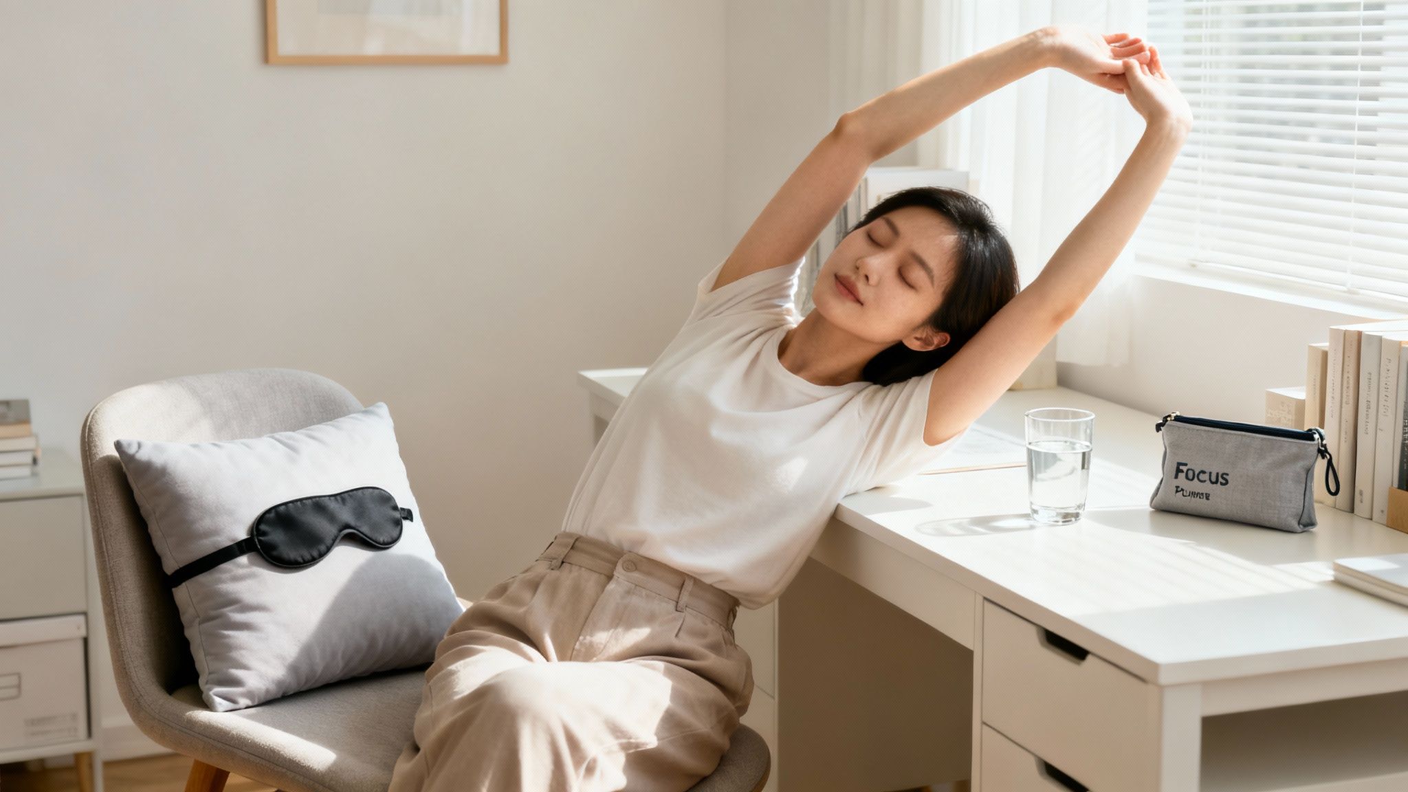 A young woman with eyes closed stretches at a bright white desk, with a glass of water and a pouch. A chair with an eye mask on a pillow is nearby.