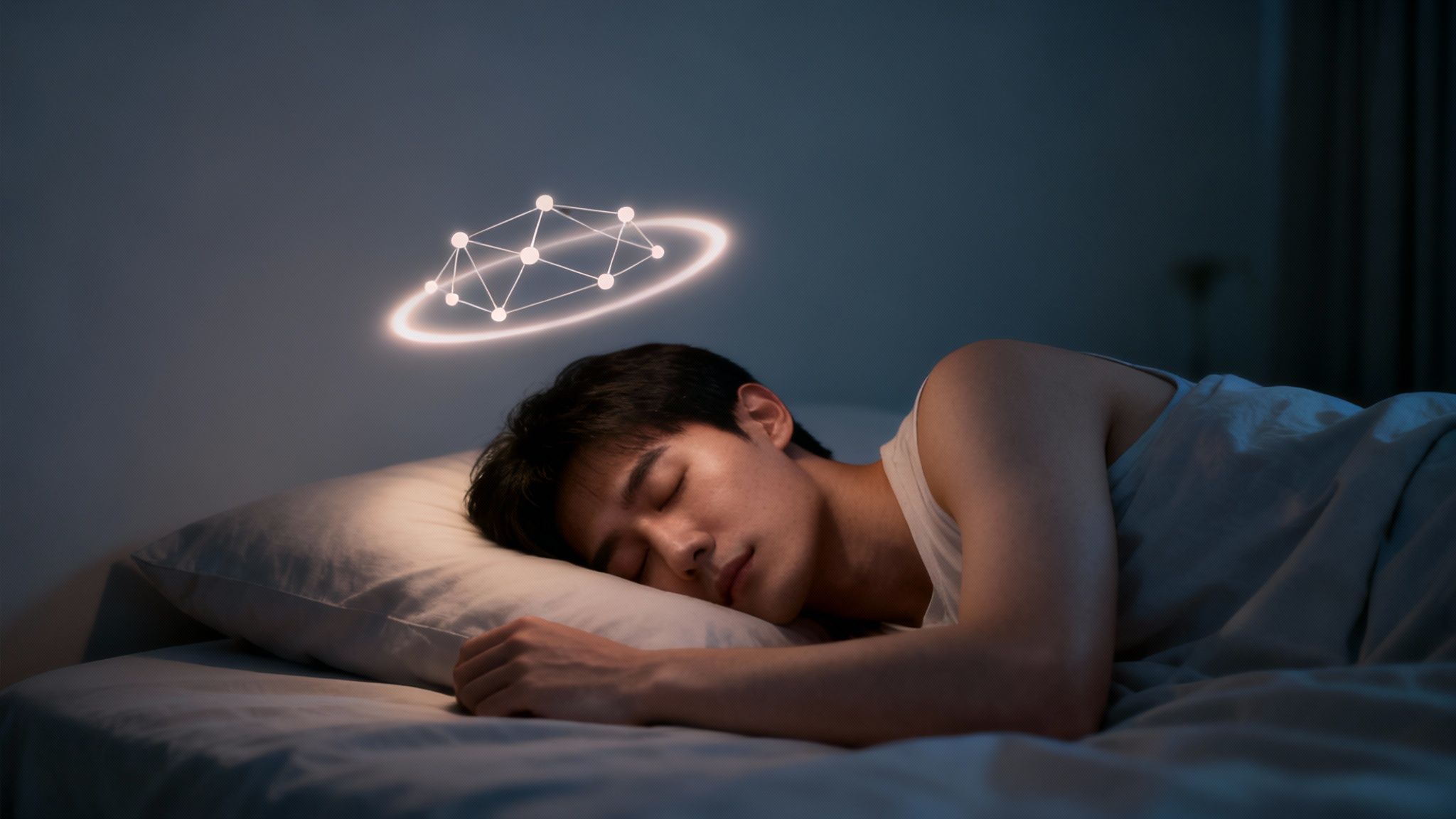 A young man sleeps peacefully in bed with a glowing network diagram above his head.