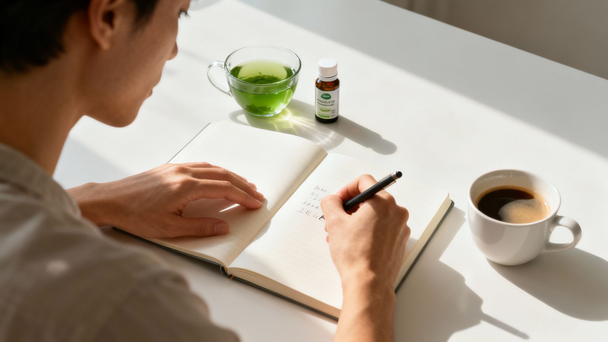 Person writing notes in journal with green tea and organic L-theanine supplement on white desk
