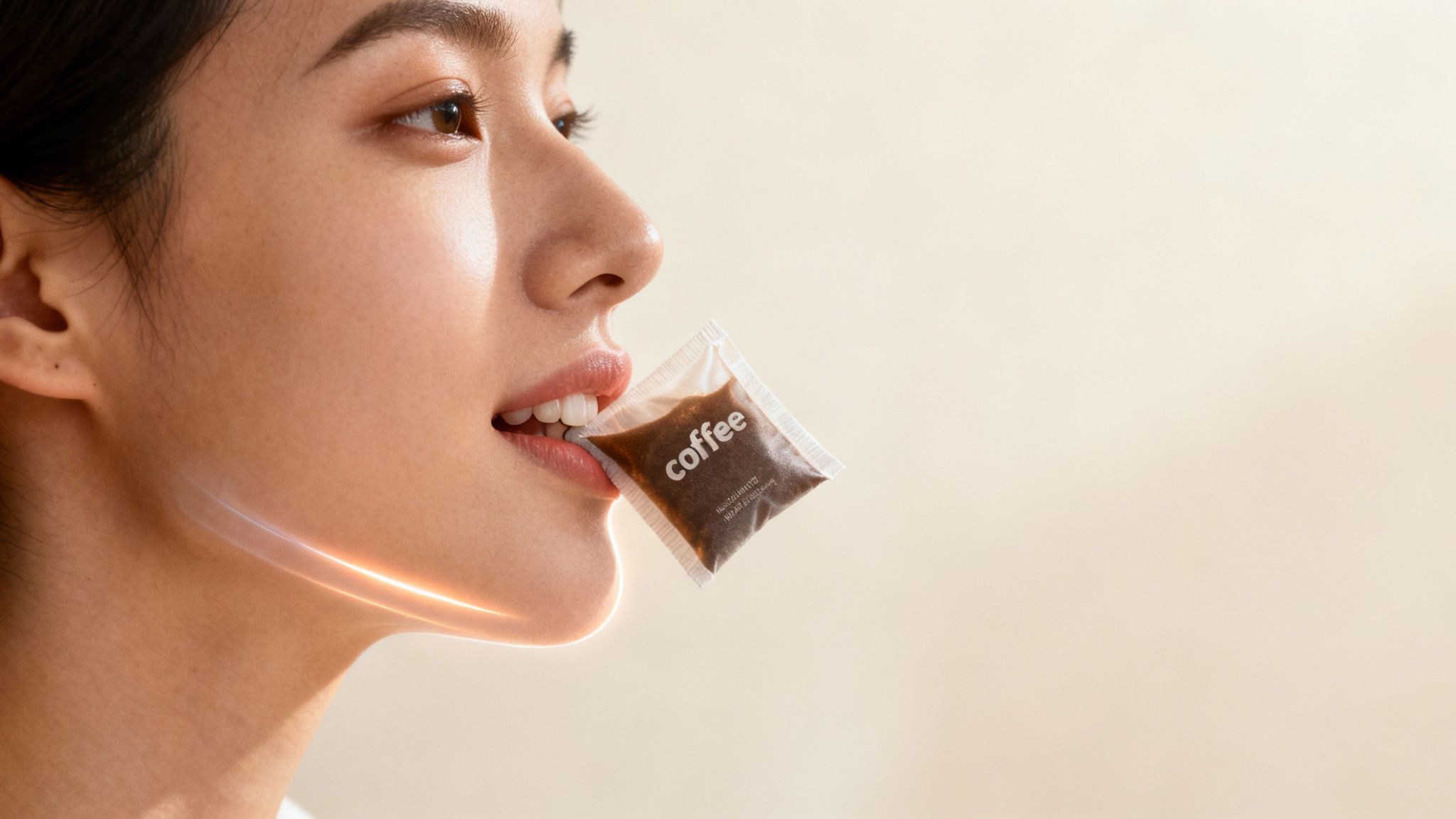 Close-up of a young woman with radiant skin holding a coffee pouch in her mouth.