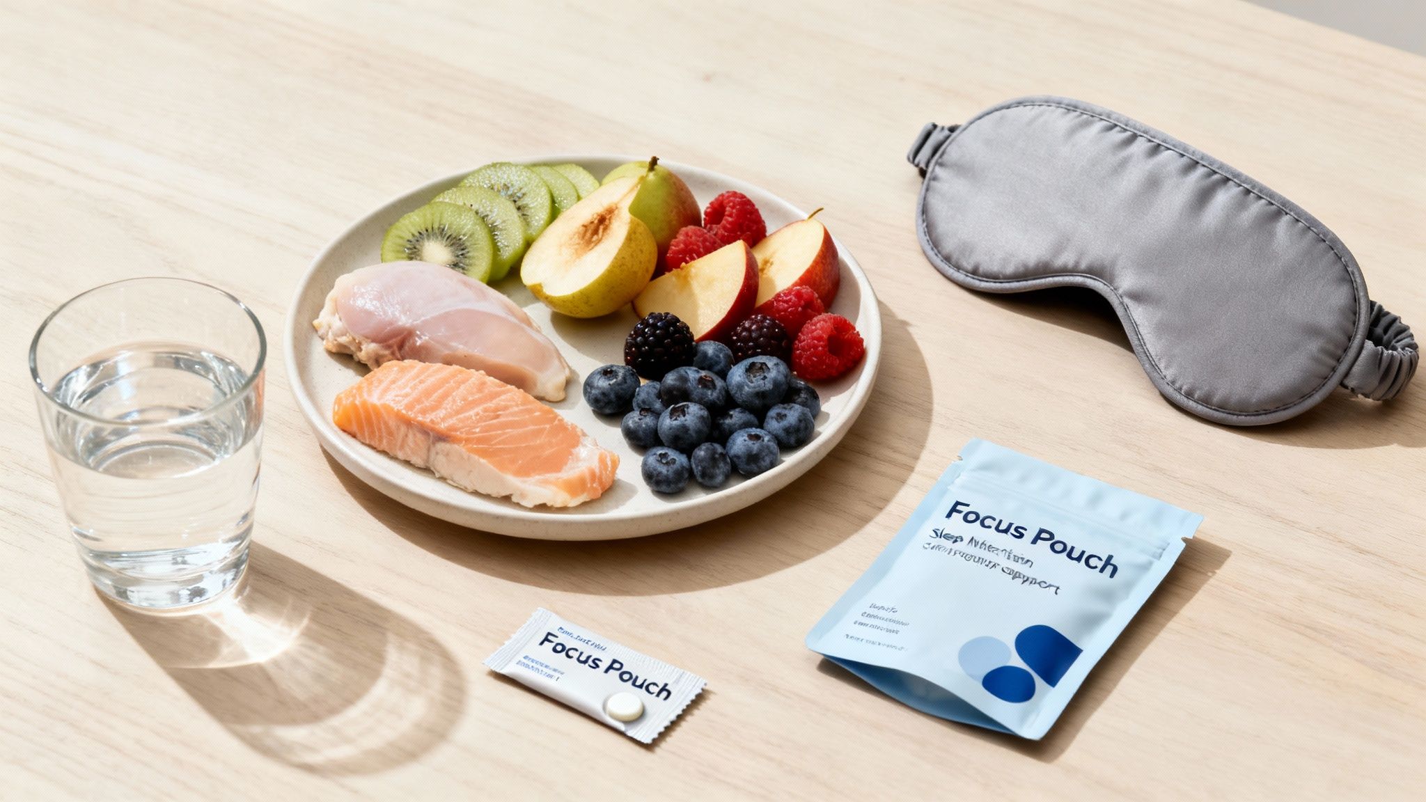 A plate of raw chicken and salmon, fruits, a glass of water, sleep mask, and Focus Pouch supplements.