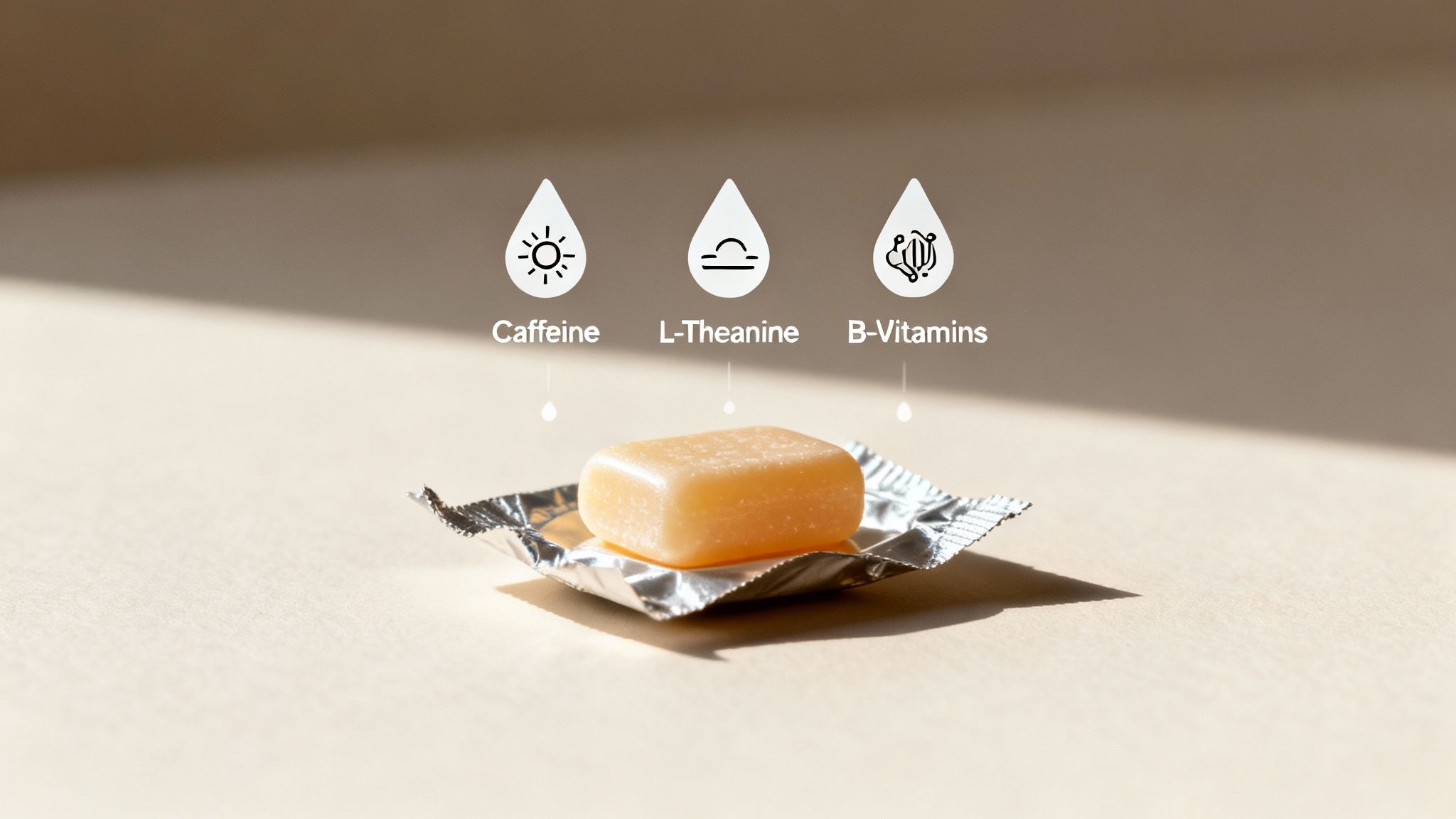 An orange gummy on foil featuring icons for Caffeine, L-Theanine, and B-Vitamins for energy.